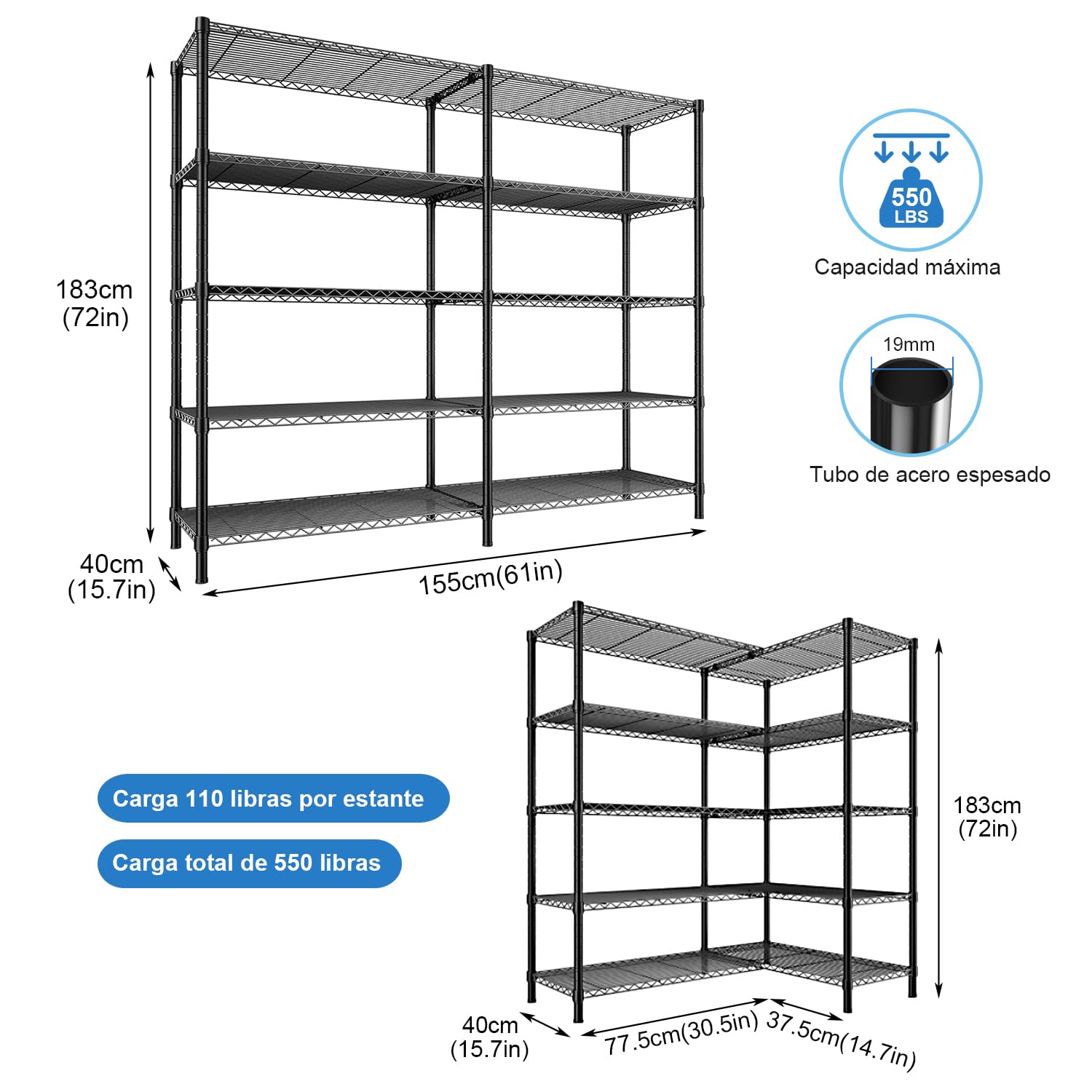 Estanterias Almacenaje 1500LBS Estanterias,Negro | Almacenaje Cocina 5 Pisos Estanterias Metalicas,61''W*72''H*15.7''D