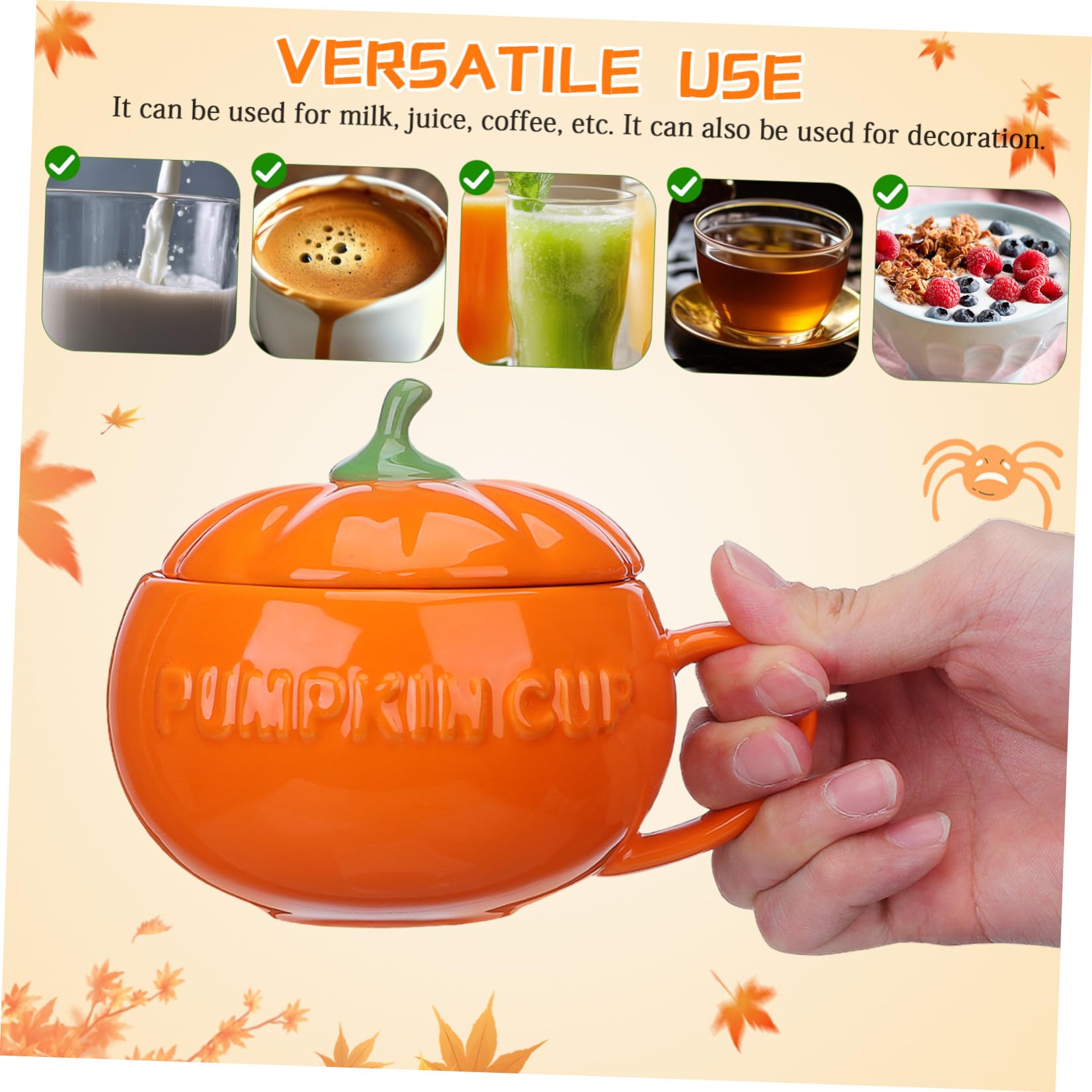 DOITOOL Kreativer Kürbisbecher aus Keramik mit Löffel, Orange Klein