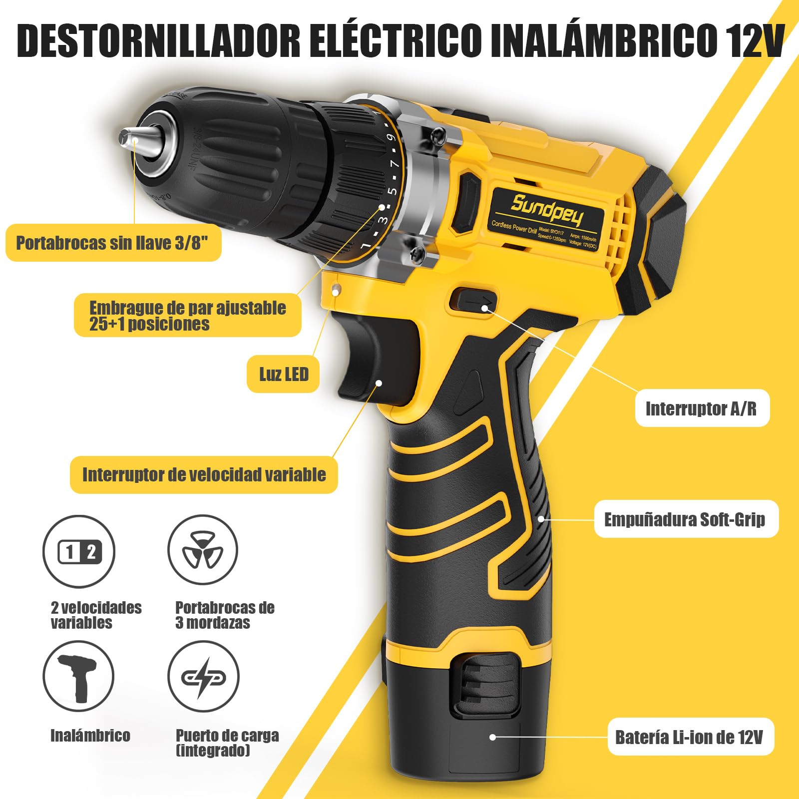 Sundpey Caja Herramientas 166 Piezas con Taladro Atornillador Inalámbrico 12V, Juego Herramientas Eléctricas y Manuales con Batería y Cargador, Estuche Portátil para Reparaciones Hogar, Bricolaje