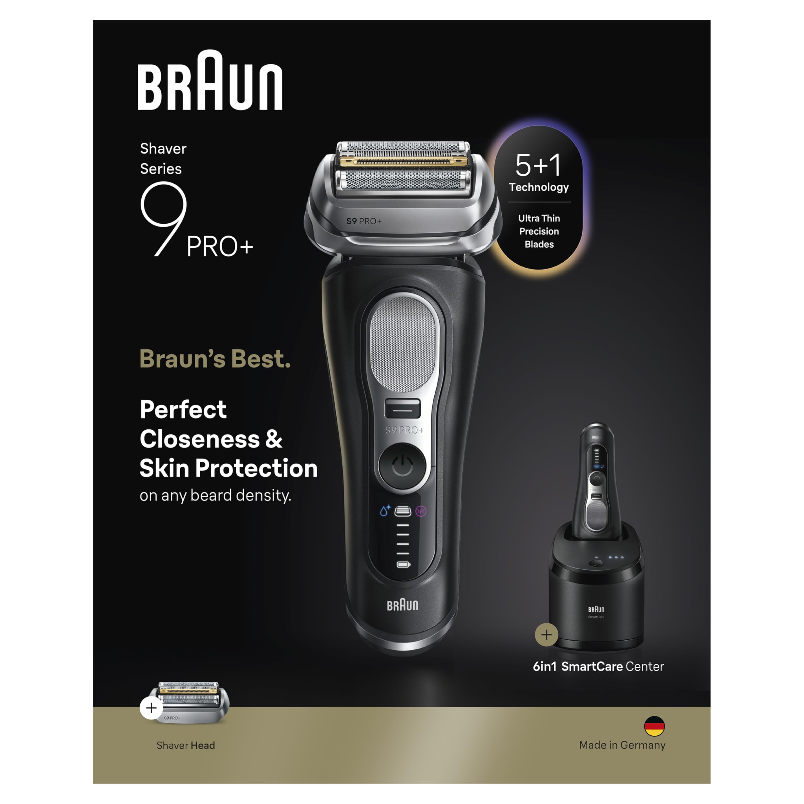 Braun Afeitadora eléctrica Series 9 PRO+, Pro SensoAdapt, centro de cuidado inteligente 6 en 1, maquinilla de afeitar húmeda y seca, 9660CCPS, color negro