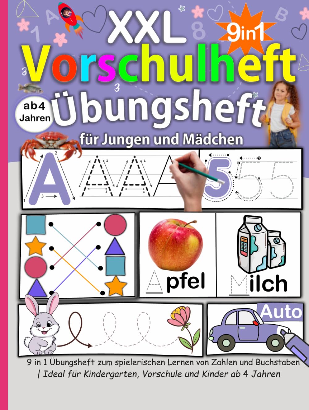 XXL Vorschulheft Übungsheft ab 4 Jahren – ABC Buchstaben und Zahlen schreiben lernen: 9 in 1 Übungsbuch mit Schwungübungen, Formen, Labyrinthen, ... für Kindergarten, Vorschule und Schulstart