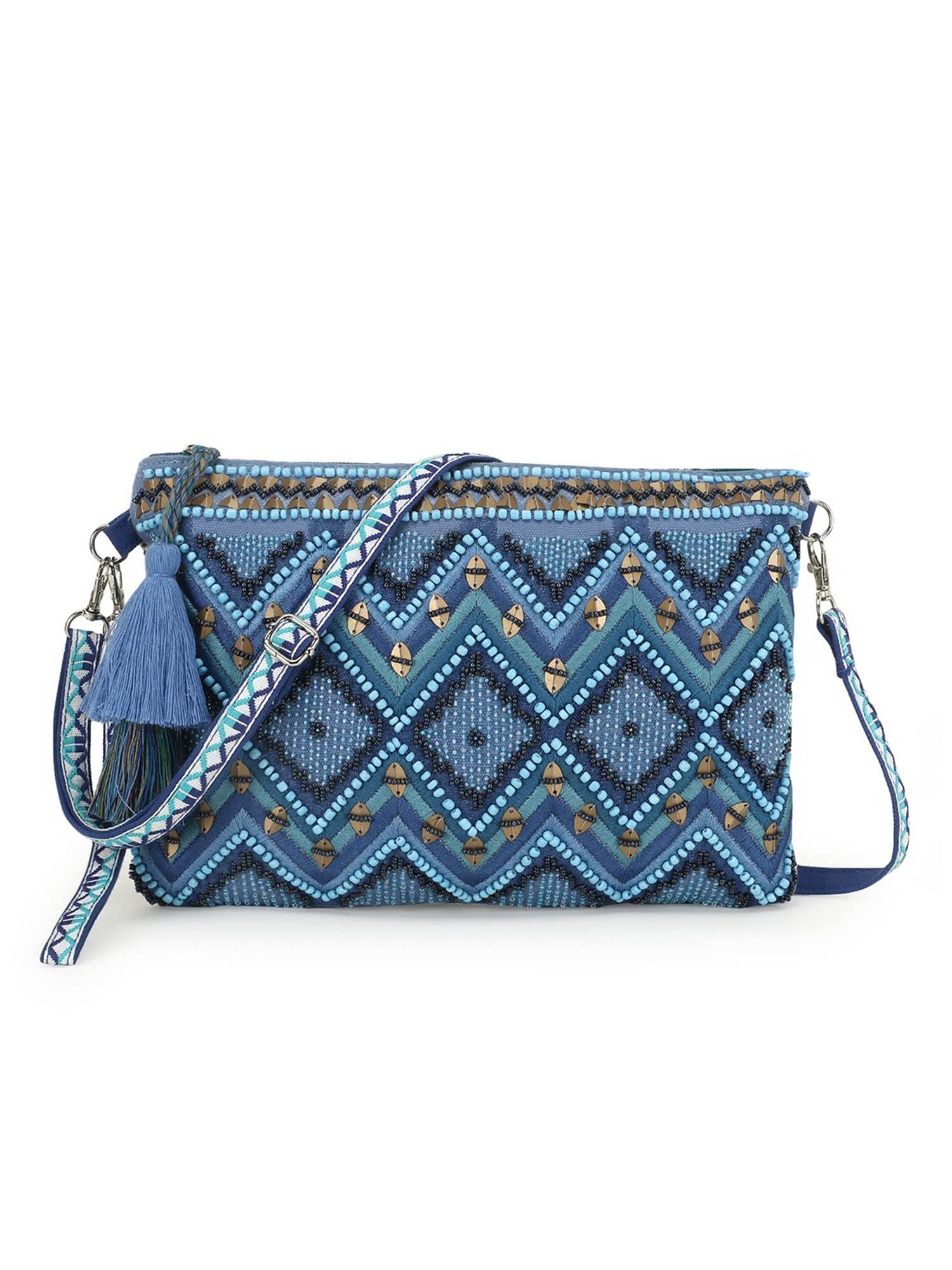 Anekaant Boho Turquoise Blue & Multi Acrylic Cotton Canvas Chevron Embellished Sling Bag