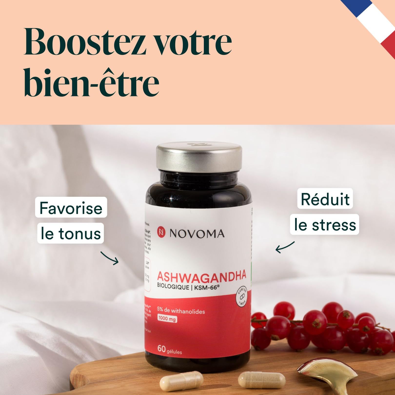 NOVOMA Ashwagandha KSM-66® 1000 mg, Anti-stress & Sommeil, 5% de Withanolides, 60 Gélules Vegan, Fabriqué en France