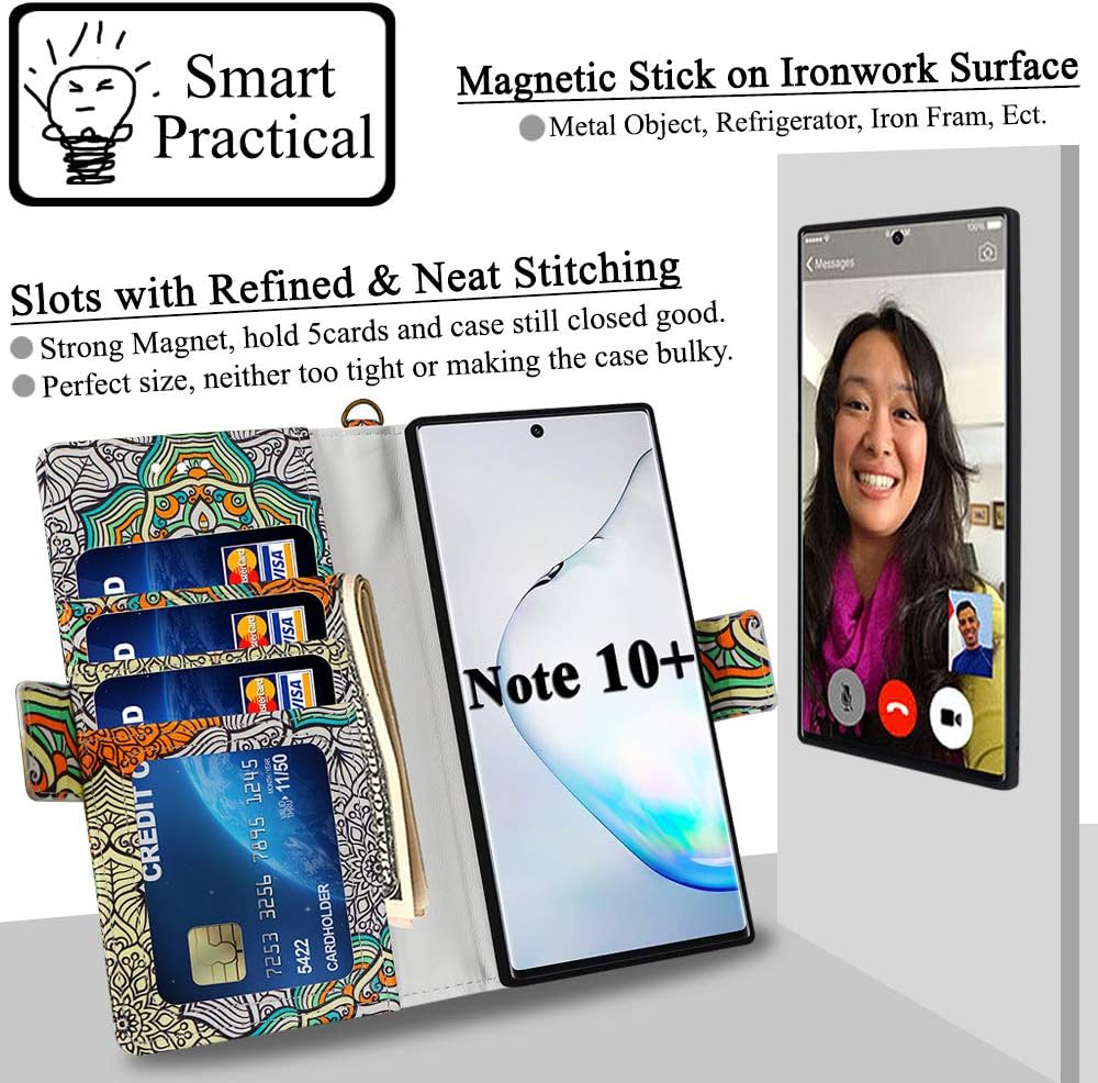 MEFON Galaxy Note 10 Plus Case Wallet Detachable, Wireless Charging Compatible, Durable Slim, Magnetic Detachable Flip Cover Leather Folio Phone Cases for Samsung Galaxy Note 10+ 5G 6.8" (Mandala 2)