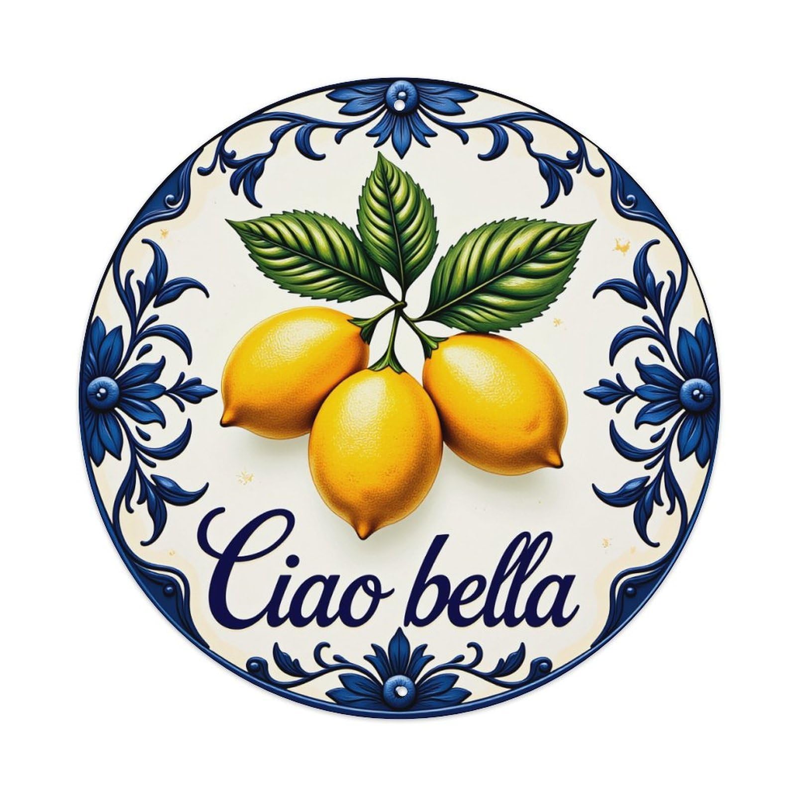 Lemon Leaves Blue Floral Ciao Bella Round Tin Sign Vintage Metal Poster, Home Bar Garage Man Cave Cafe Indoor & Outdoor Wall Decoration 8x8Inches