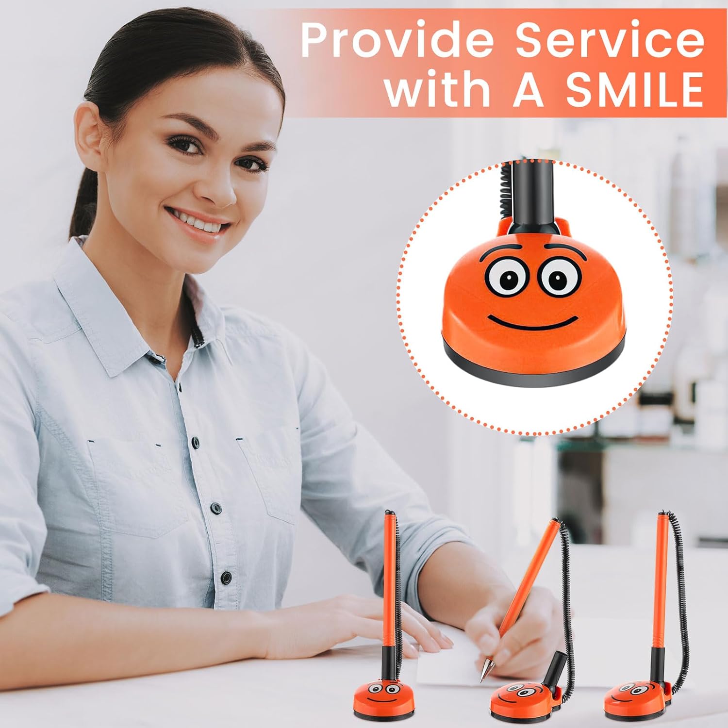 KosizZ 24 Pcs Secure Pen with Plastic Secure Cord and Pen Holder Adhesive Secure Counter Pens 0.5 mm Black Ink Leakproof Gel Pen with Smile Face Design for Office School Welfare Supplies (Orange)