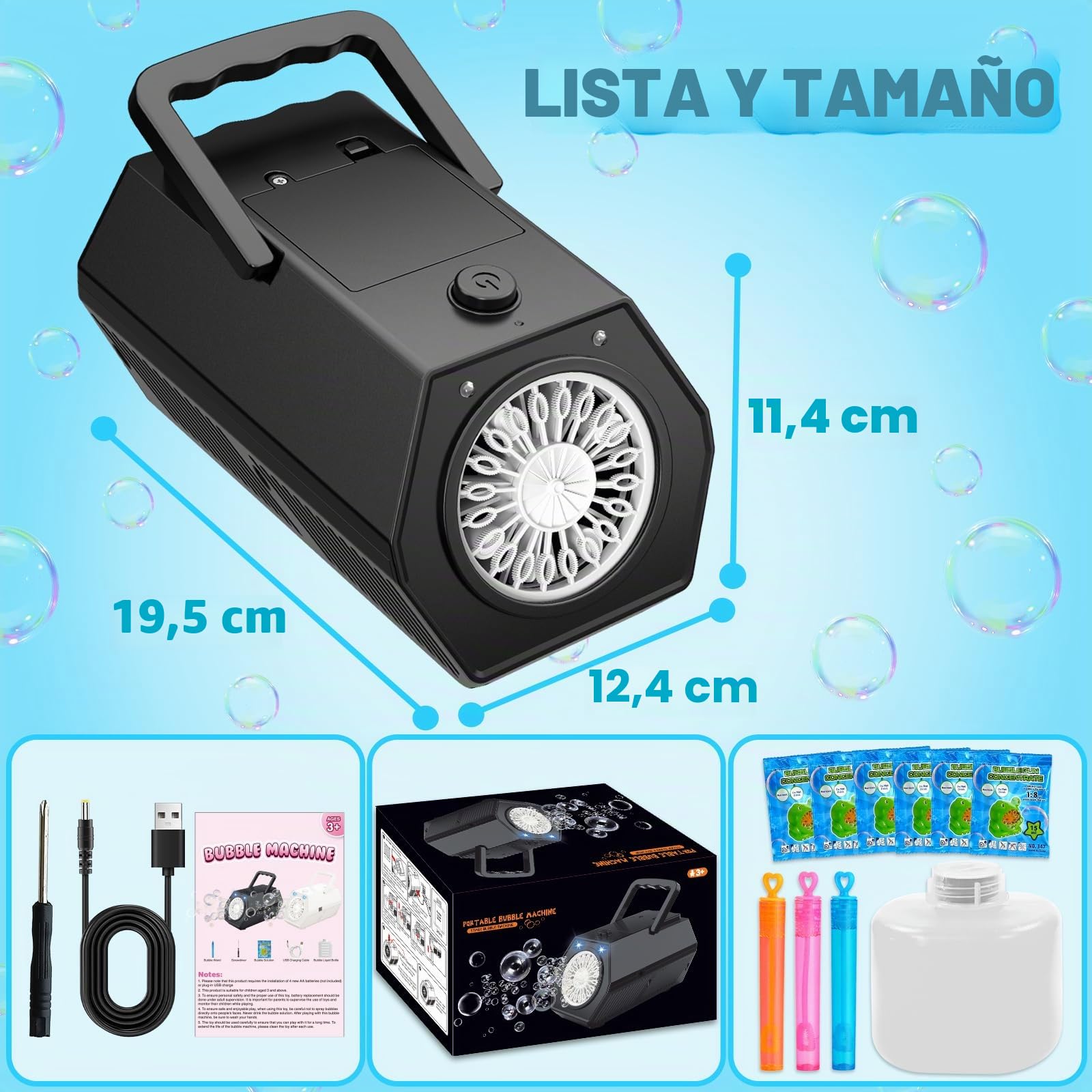 Maquina Burbujas, Más de 18.000 Burbujas por Minuto, Bubble Machine Automatico, Portátil Maquina de Burbujas para Niños, Juguetes Cumpleaños Invitados niños Fiestas Boda Exteriores (Negro)