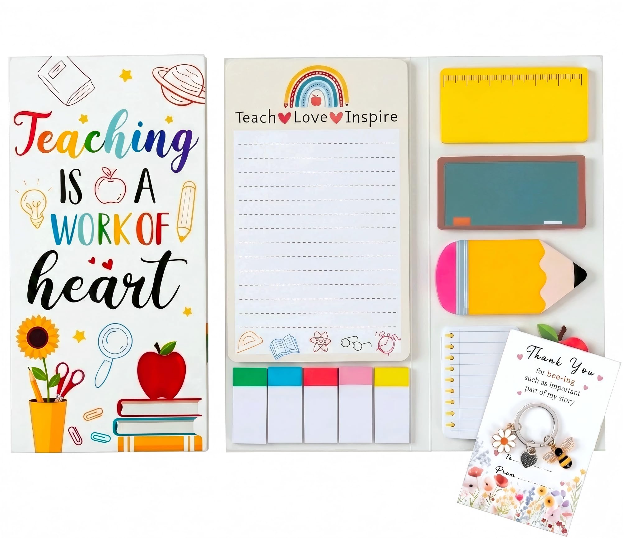 Thank You Teacher Gifts, Bee Keyring + Sticky Notes Set Teacher Appreciation Gifts, Thankyou Teacher Gifts Ideas, Personalised School Supplies, Nursery Preschool Best Teachers Present for Women Men