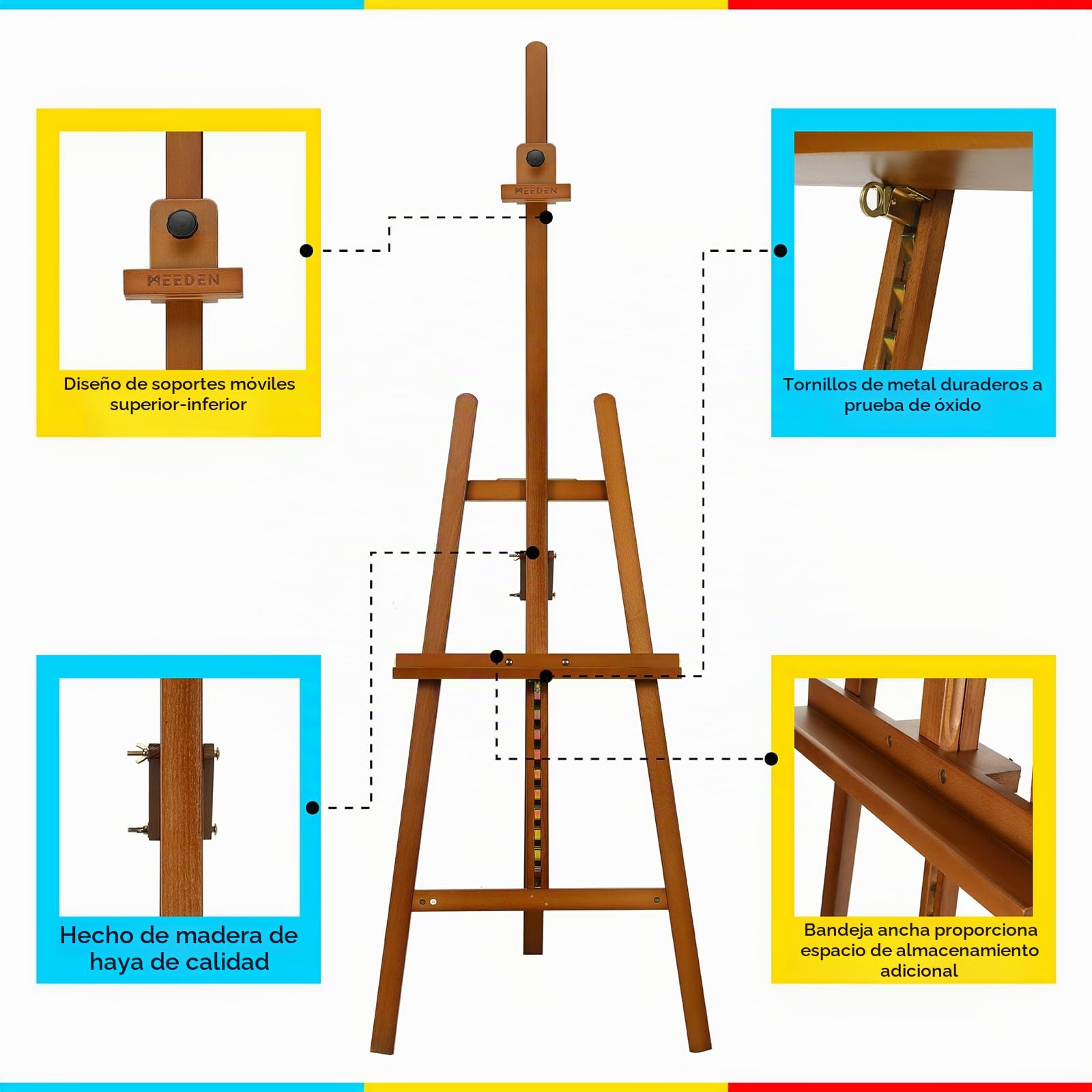 MEEDEN Caballete de Arte en Madera Para Pintura: Caballete de Exhibición de Madera de Haya Maciza Soporta Lienzo Hasta 110 cm - Caballete Ajustable de 145-193 cm para Adultos Estudiantes - Nogal