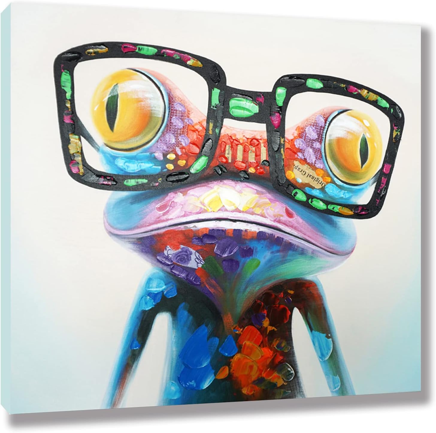 SEVEN WALL ARTS Frog Canvas Wall Art Colorful Animal Painting Pictures Happy Frog with Glasses Oil Painting Modern Framed Artwork for Bedroom Nursery Kids Room Office Decor 24"x24"