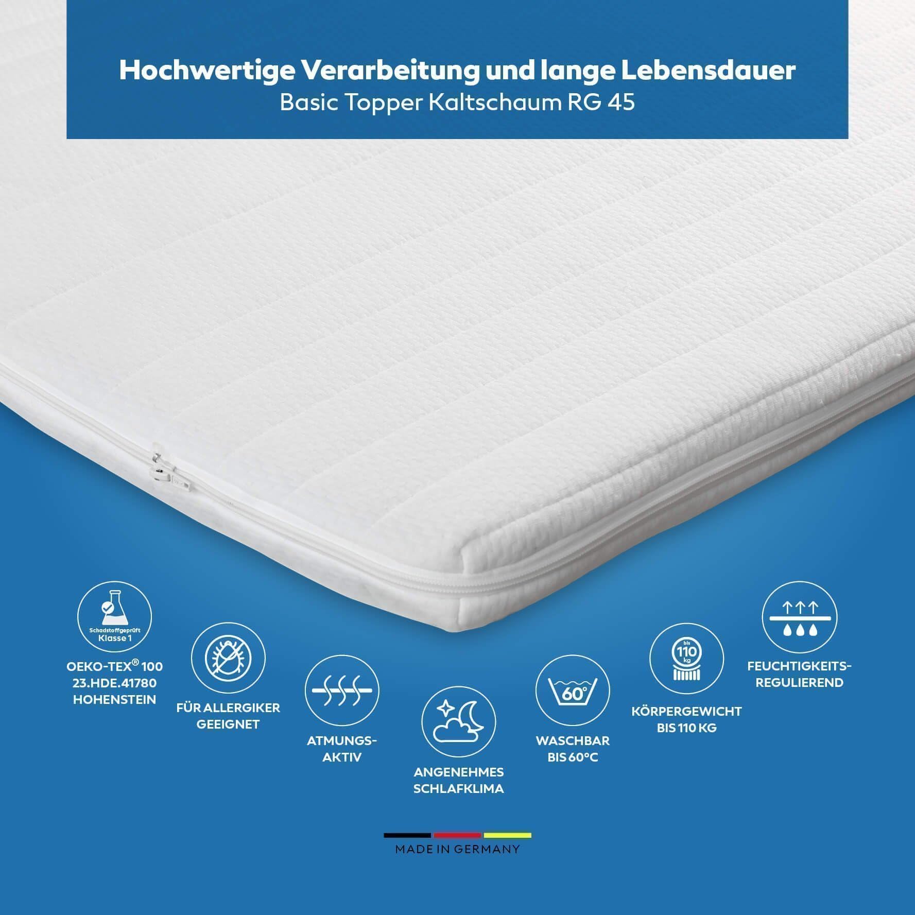Kaltschaum Topper 180x200 cm – mittelfest & atmungsaktiv – RG 45 – Oeko-TEX® Standard 100 – waschbarer Jersey-Bezug – für Boxspringbett, Matratze & Schlafsofa - Made in Germany