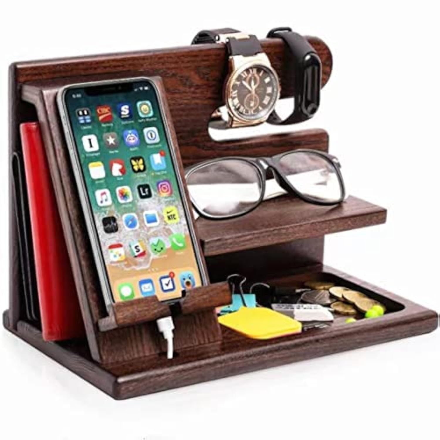 NALACAL Wooden Phone Docking Station Nightstand Organizer Keychain Wallet Holder Watch Glasses Coin Storage Box Men Husband Boyfriend Dad Son Boss Birthday Gift