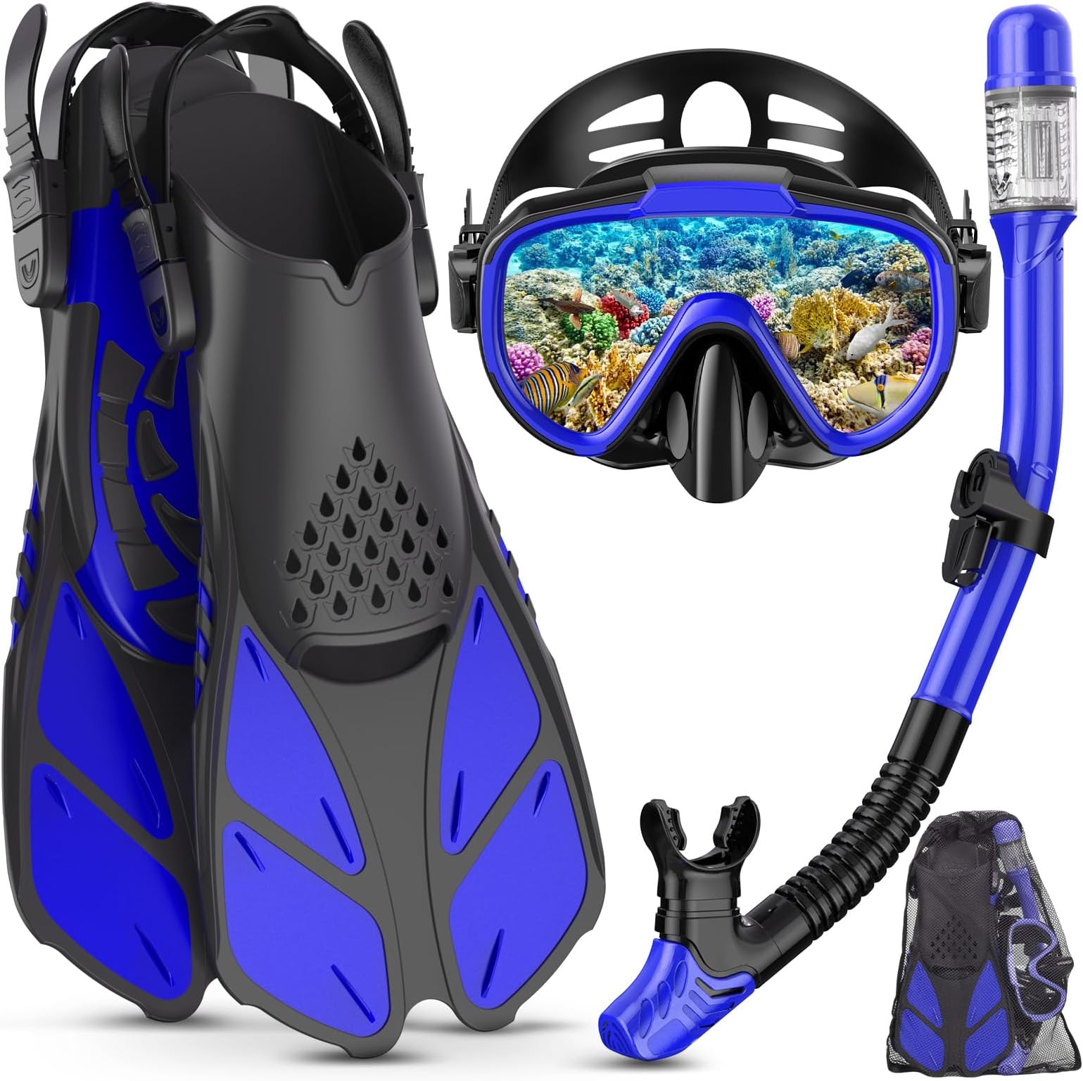 Snorkel Set Adult with Flippers, Anti-Fog Diving Set, Dry Snorkel, Adjustable Flippers, Snorkelling Packages for Men and Women