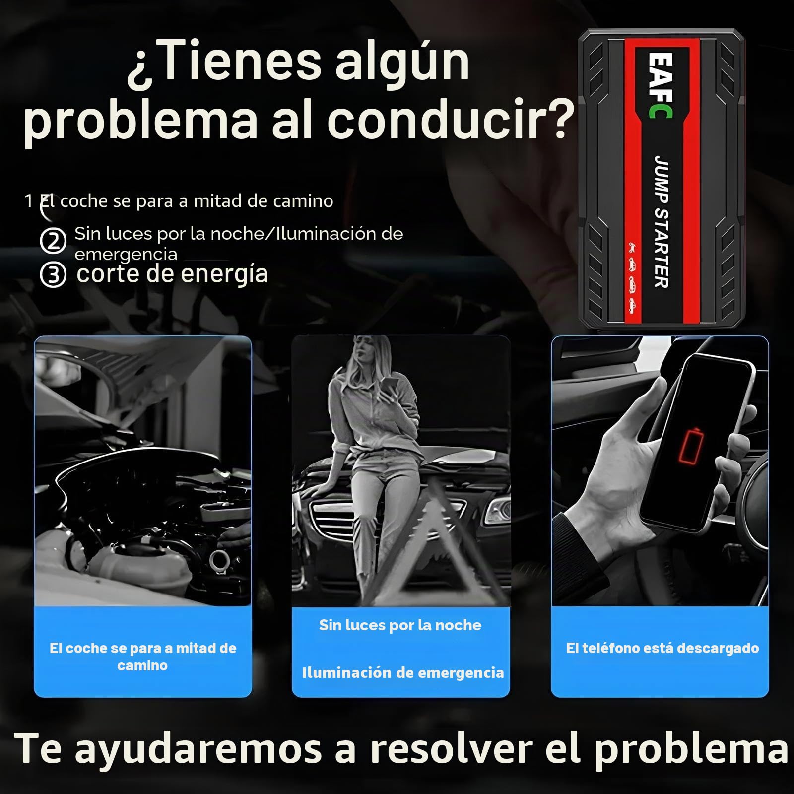 Arrancador de batería portátil EAFC de 12 V para Coche, 1500 A, para baterías de hasta 6 L de Gasolina, con luz LED, Puertos USB y Pinzas para Coches, Furgonetas y Camiones (Negro)