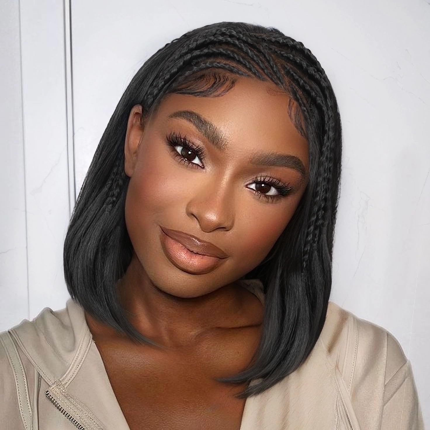 WIGER 13x4 Straight Bob Lace Frontal Wigs Braided Wigs for Black Women Handmade Cornrow Glueless Braided Bob Wig 12 Inch Synthetic HD Lace Frontal 1B
