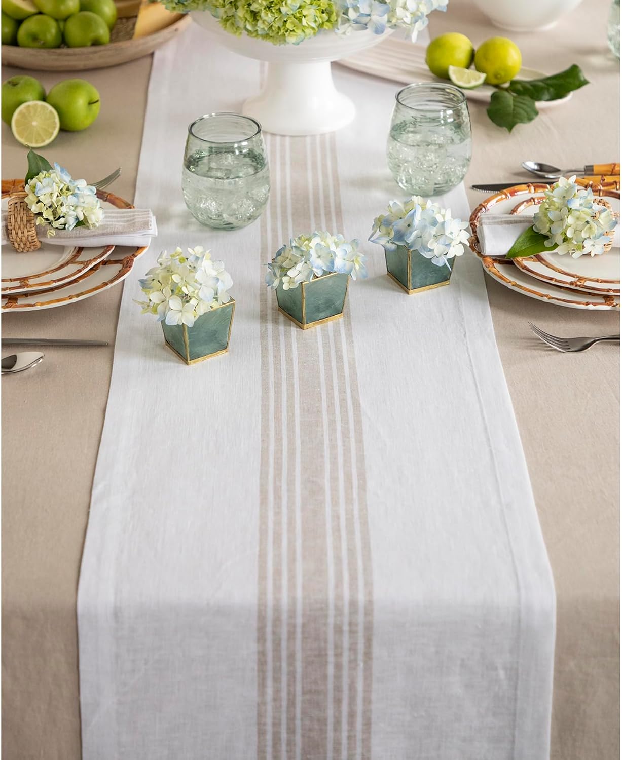 Solino Home Stripe Linen Table Runner 120 Inches Long - 100% Pure Linen Natural and White Farmhouse Table Runner 14 x 120 Inch for Dining, Spring, Summer, Mothers Day