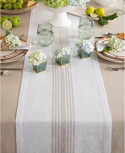 Miniatura 4 de Mantel a rayas Solino Home Farmhouse Stripe de 14 x 48 pulgadas, fibras de lino 100% naturales, hecho a mano, lavable a máquina, color blanco y