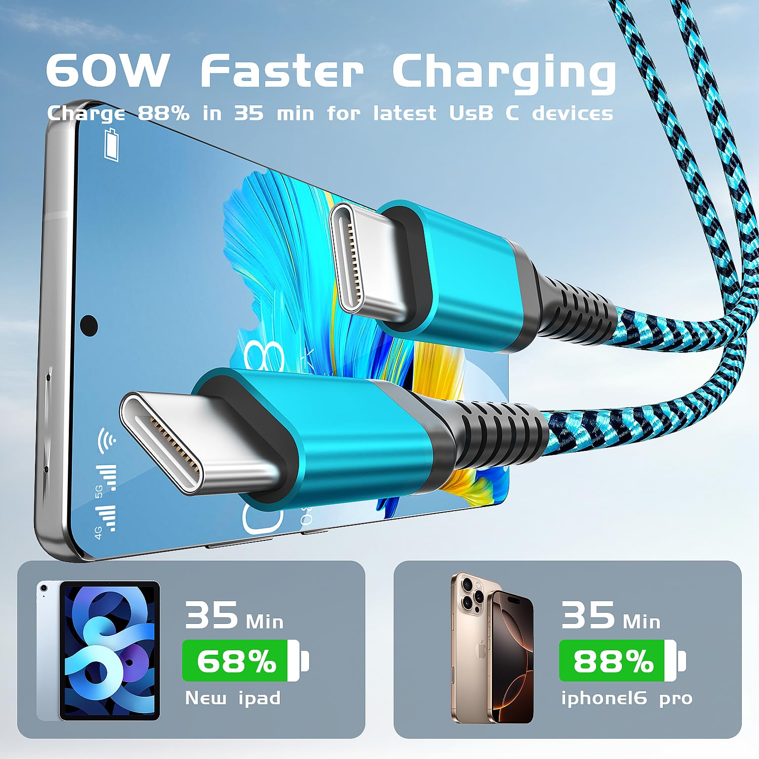 QQLIKE Cable USB C a USB C de 60 W, paquete de 3 [3 pies + 6 pies + 10 pies] tipo C a C de carga rápida para iPhone 16 15 Plus Pro Max para Galaxy S25 S24 S23 S22 para MacBook Pro y iPad Pro/Air