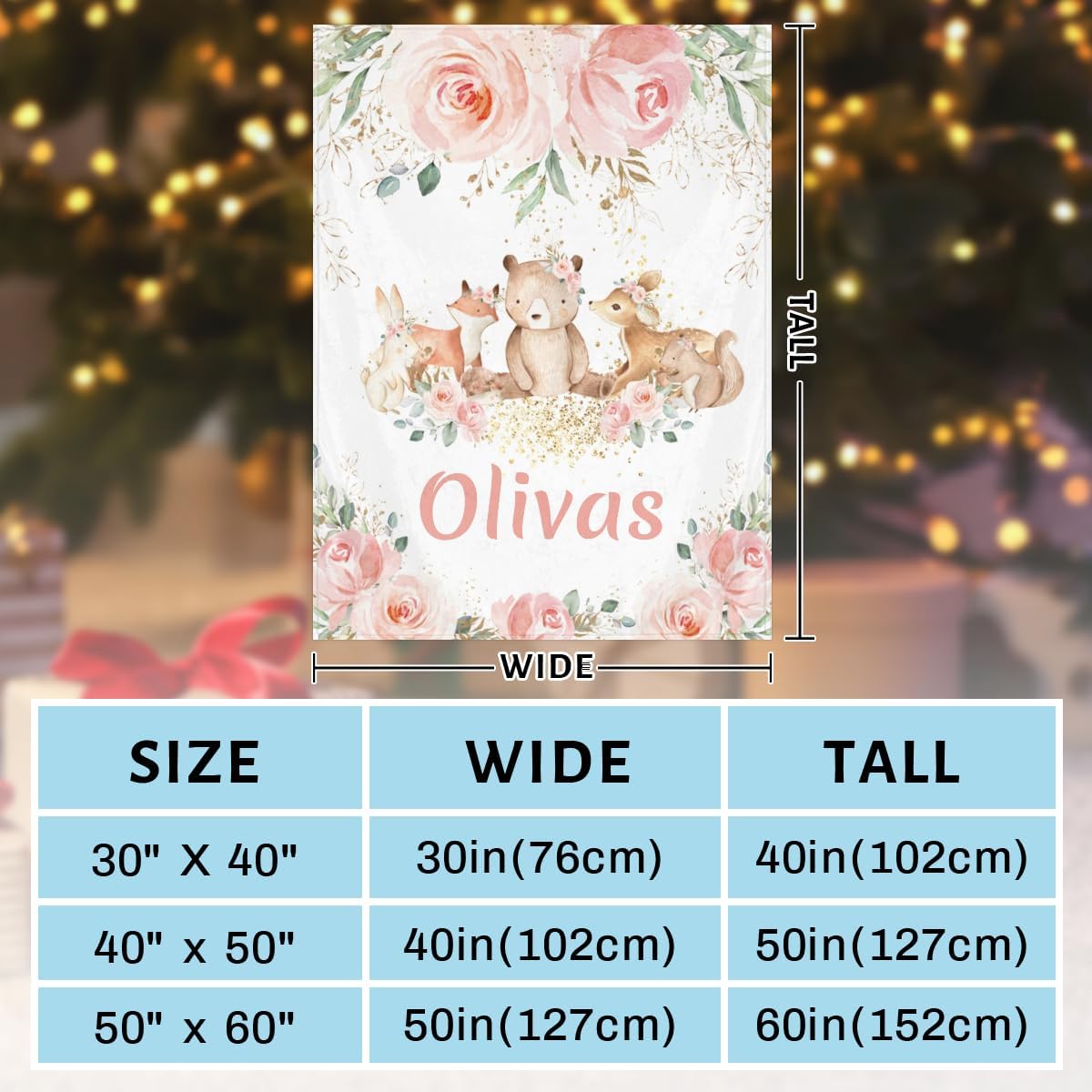 Personalized Baby Blankets for Girls Boys, Custom Baby Blanket with Name Swaddle Toddler Fleece Blanket Personalized Gift Woodland Animals Blush Floral