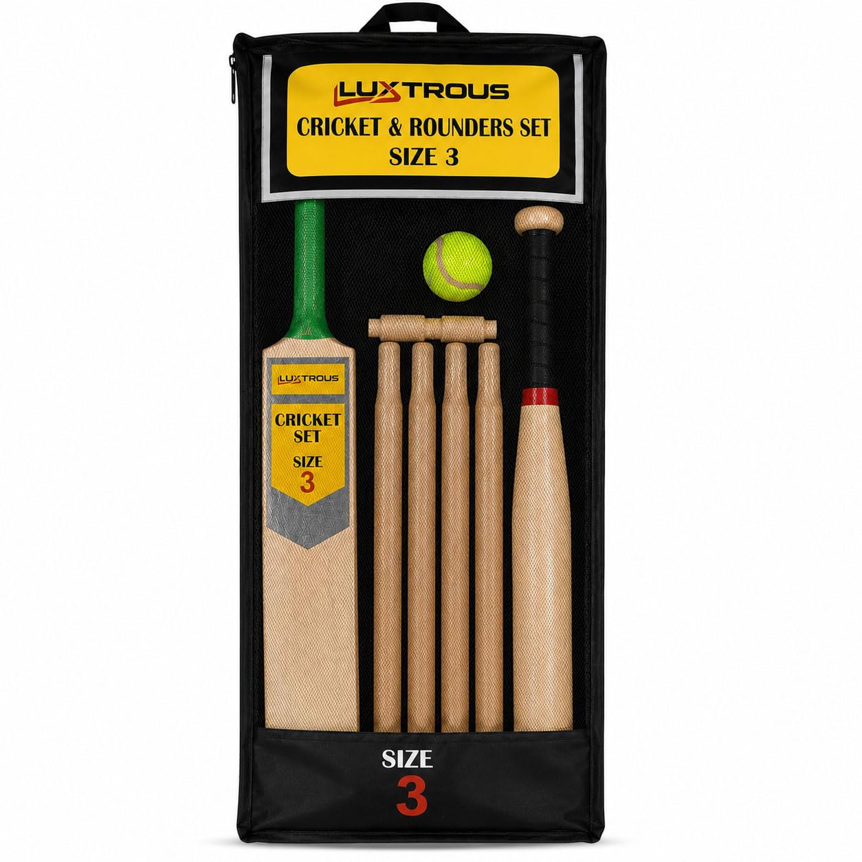 LUXTROUS Cricket & Rounders Set Size 3 Wooden Bat with Rubber Grip, 4 Stumps, Ball & Bails, Complete Outdoor Cricket Training Kit with Mesh Carry Bag for Garden, Beach & Beginner Practice