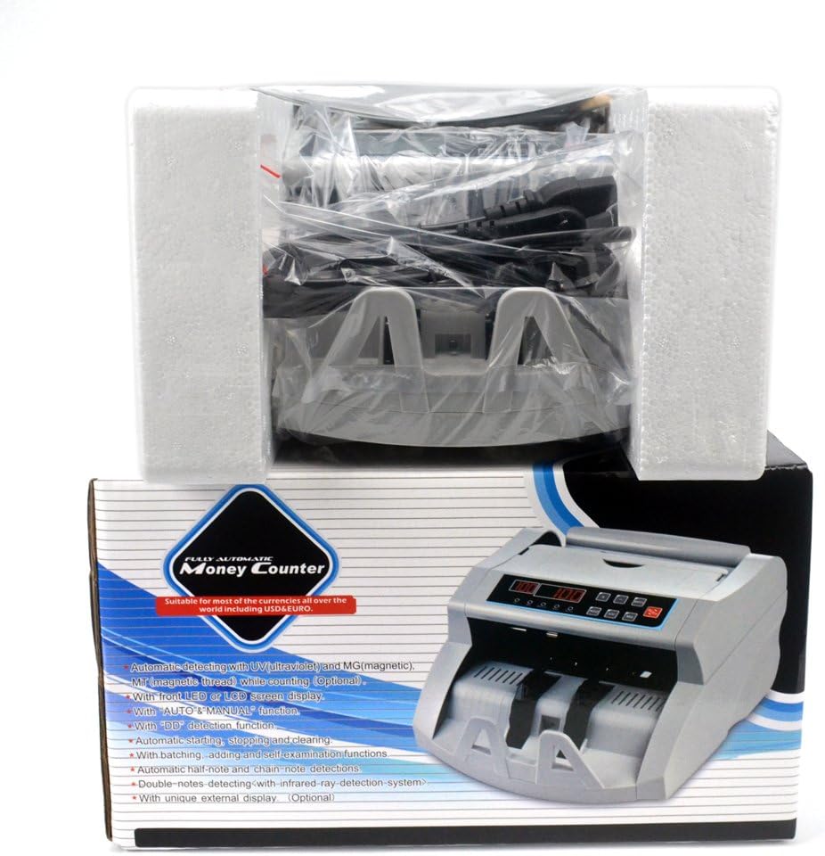 Contents of the DOMENS DMS-1580T Bill Counter package including the machine, power cable, manual, cleaning brush, fuse, and rubber ring