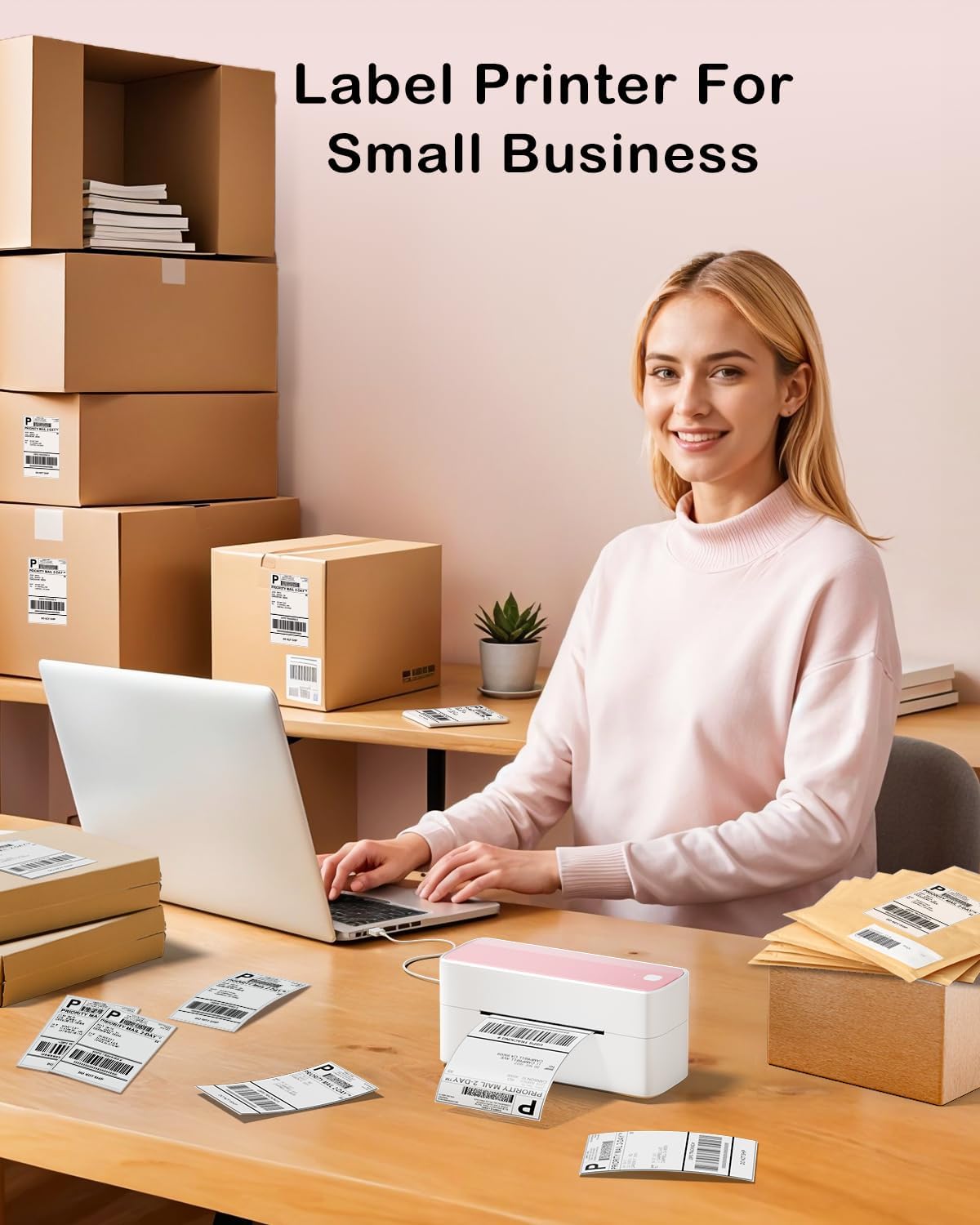 Bluetooth Thermal Label Printer 4X6 - Wireless Shipping Label Printer for Small Business & Packages - Pink Thermal Label Printer Shipping Label Makers, Compatible with iPhone, USPS, Etsy, Amazon