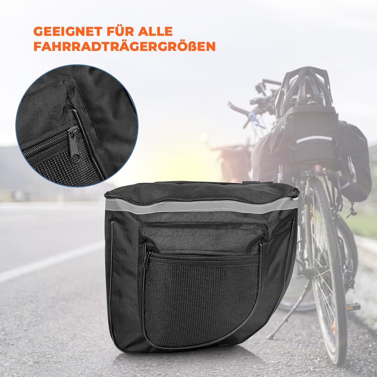 Sacoche arrière pour vélo 45L – Double sacoche imperméable avec fermeture éclair – Sac de rangement noir 37x30x26 cm avec poche latérale supplémentaire et poignée de transport