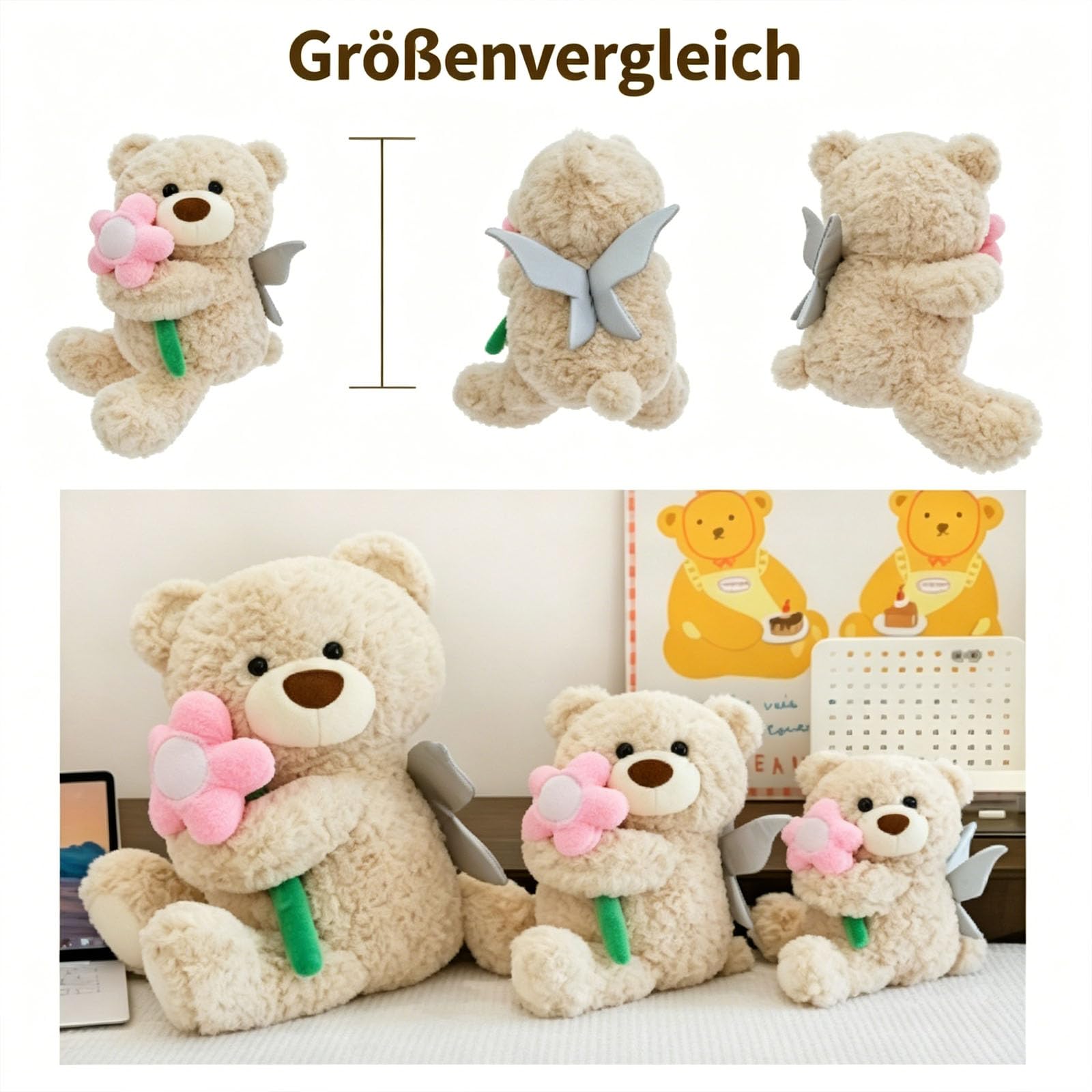 Teddybär Kuscheltier, Plüschbär mit Blumen und Engelsflügeln, Teddy Bear Plüschtier, Geschenke für Freundin Kinder Geburtstag, Valentinstag (Beige,60cm)