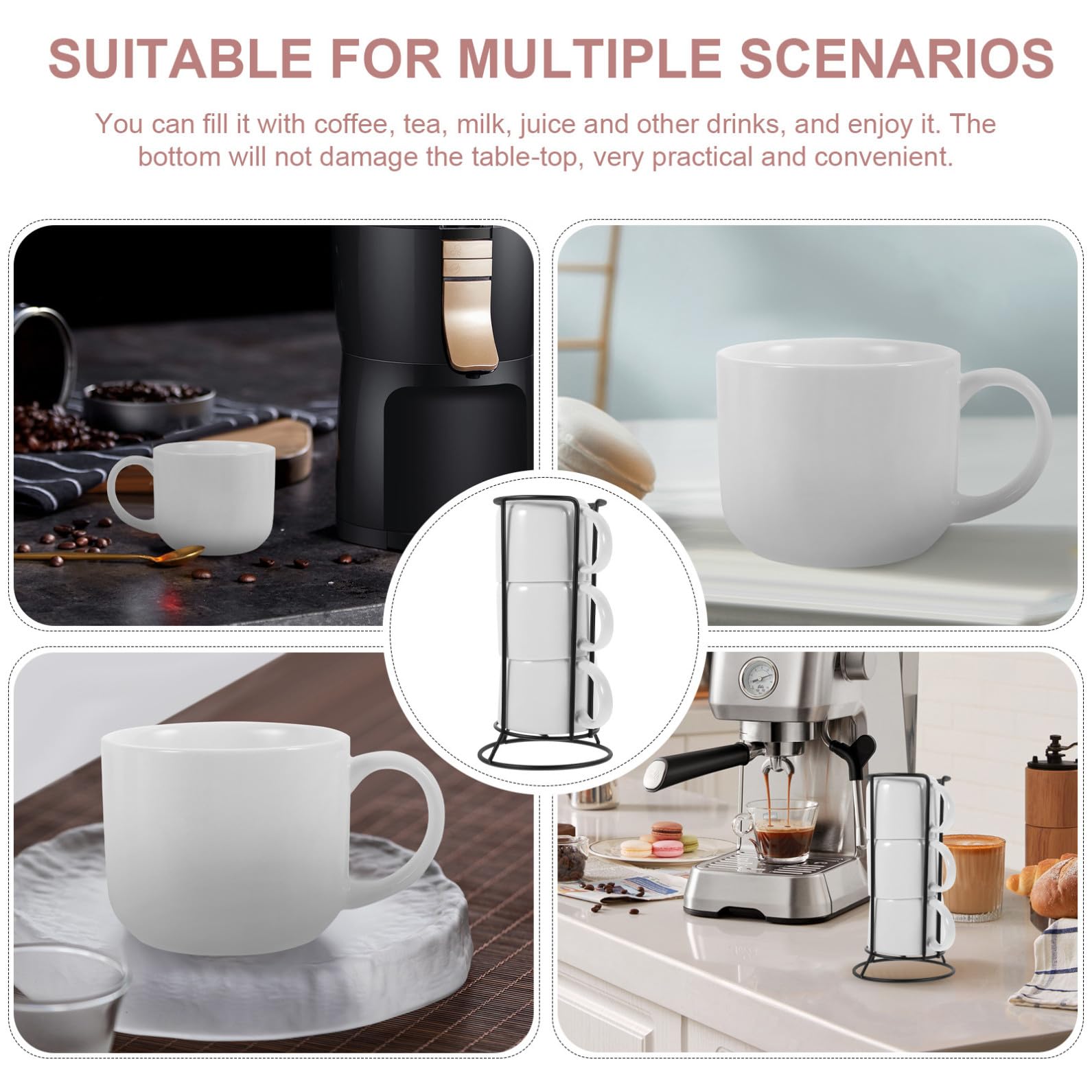 Tazas de Cerámica y Diseño Original con Soporte de Hierro Resistente en Color Juego de 4 Adecuado para Uso Diario en Restaurantes y Hogar