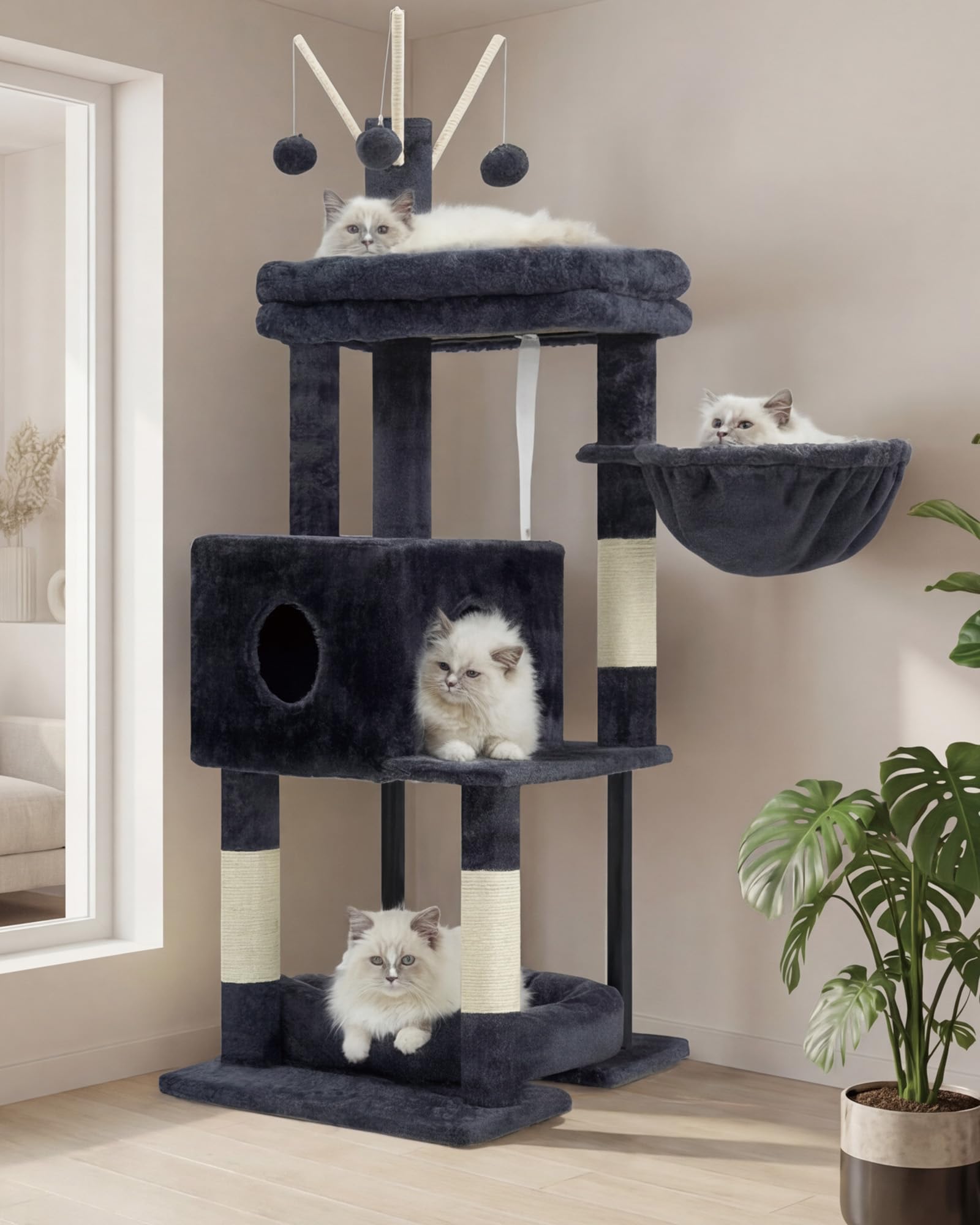 Heybly Cat Tree, 115 cm Cat Tower for Indoor Cats with Large Perch, All-in-One Cat Furniture with Cosy Bed, Hidden Space Cat Condo, Comfy Hammock, Scratching Posts & 3 Pom-poms, Smoky Grey HCT202SG