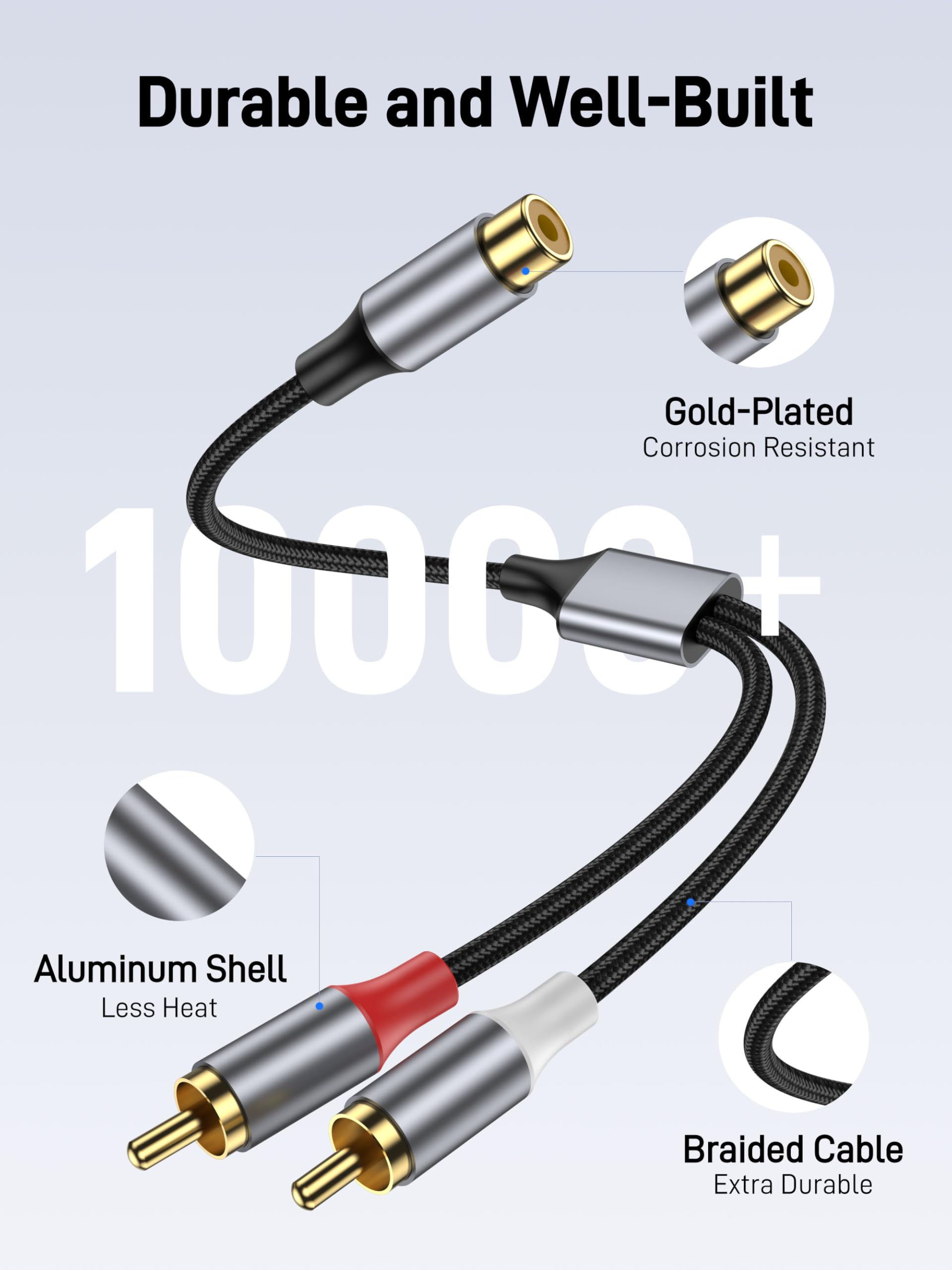 RCA Y Adapter Splitter Cable, RCA Y Splitter 1 Female to 2 Male, 20cm Short Stereo Audio Y Cable for Amplifier, Subwoofer, Home Theater, DVD, TV, Speaker. - 4