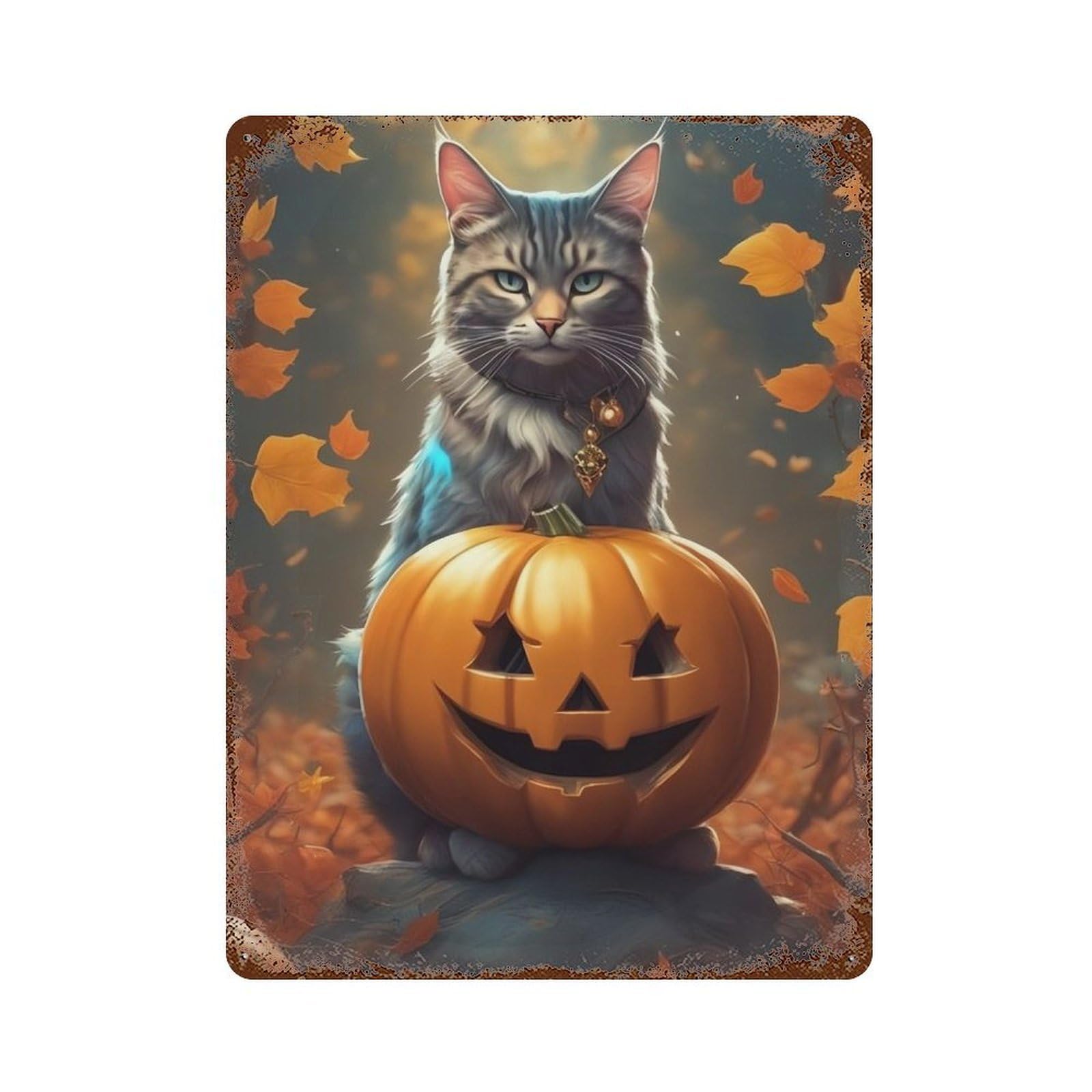 Halloween Pumpkin Cat Decor 15.7"x11.8" Vintage Rust Metal Sign, Decorative Metal Wall Art for Bistro, Counter And Cafe Decor