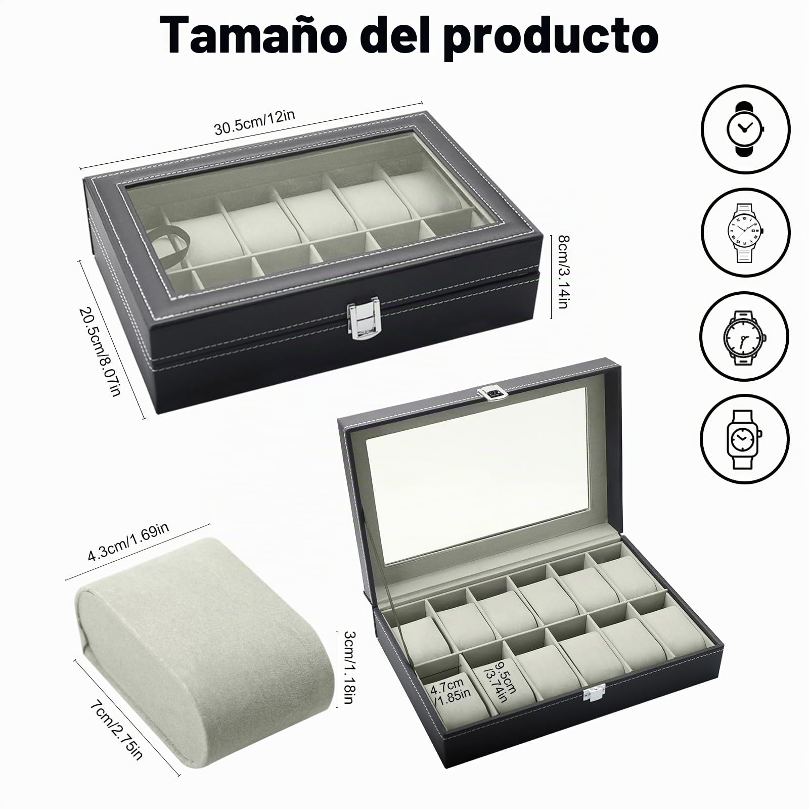 Caja de Relojes 12 Compartimentos, Estuche de Relojes de PU Cuero con Tapa de Acrílico y Cojines Extraíbles
