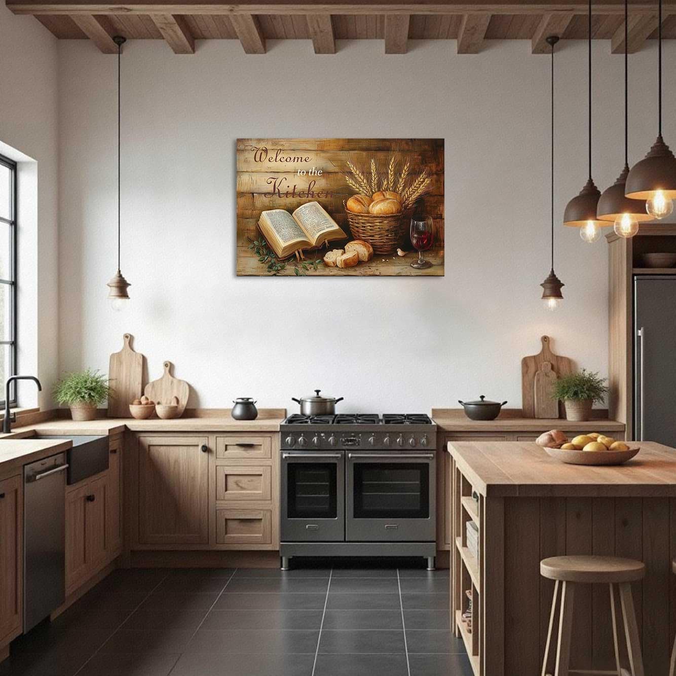 LZIMU Bread Wall Art Kitchen Pictures Rustic Christian Canvas Prints Farmhouse Brown Food Painting Holy Bible Verse Red Wine Glass Painting Vintage Dining Room Decor (18L x 12W)