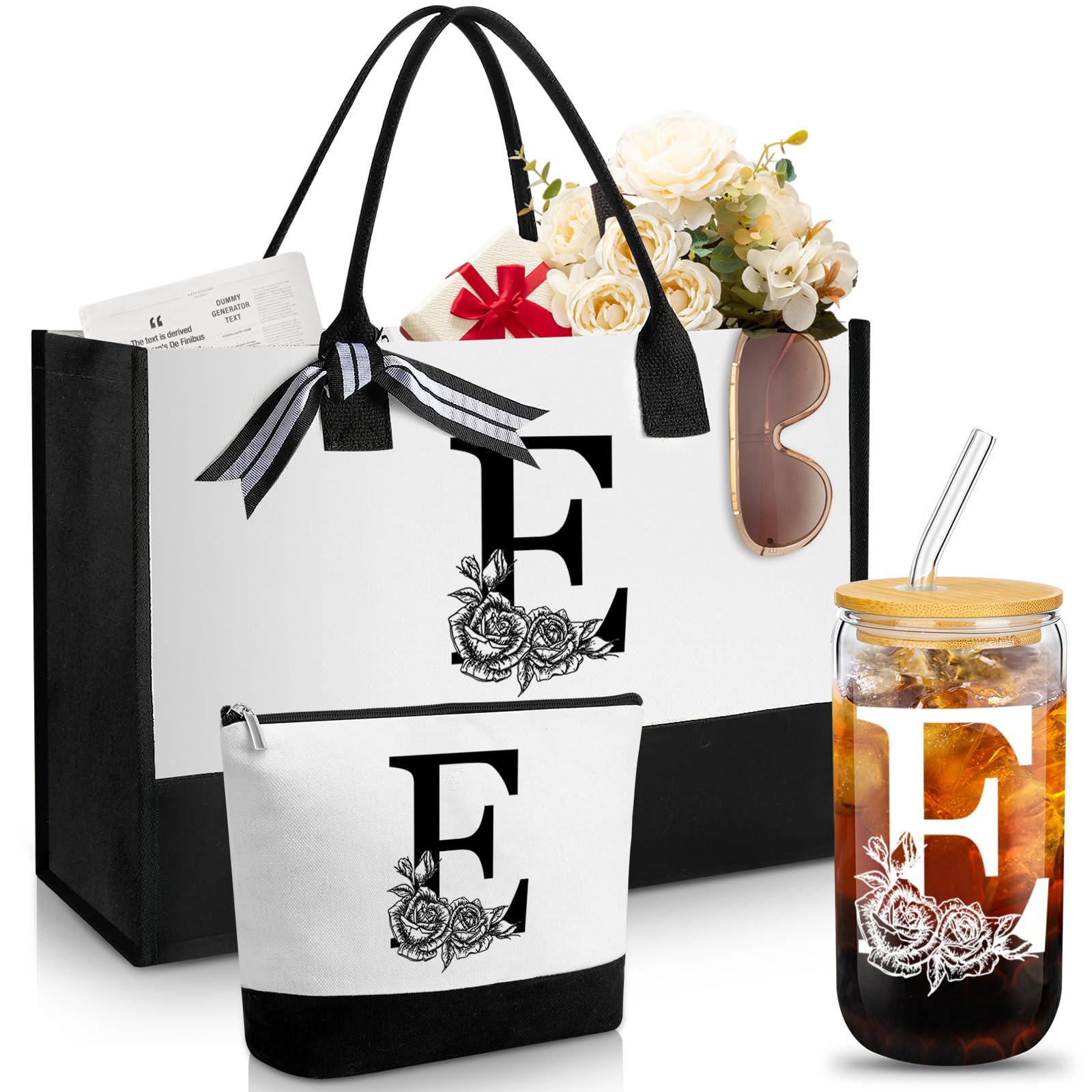 Aliceset Birthday Gifts for Women, Initial Canvas Tote Bag, 16oz Initial Glass Cup, Makeup Bag with Zipper Handbags & Wallets for Mom Sister Friends