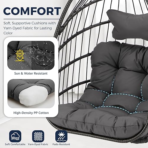 Miniatura 5 de NICESOUL Silla de huevo sin soporte para interiores y exteriores, capacidad de 350 libras, resistente silla colgante de mimbre para patio, hamaca