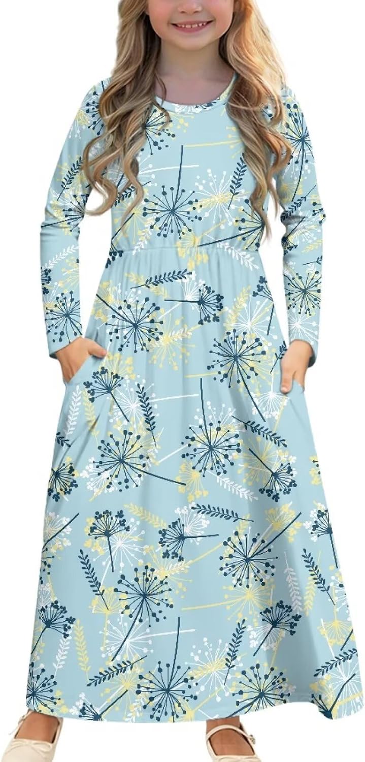 Long Maxi Dress for Girls 5t-14Year Holiday Dresses with Pockets Back to School