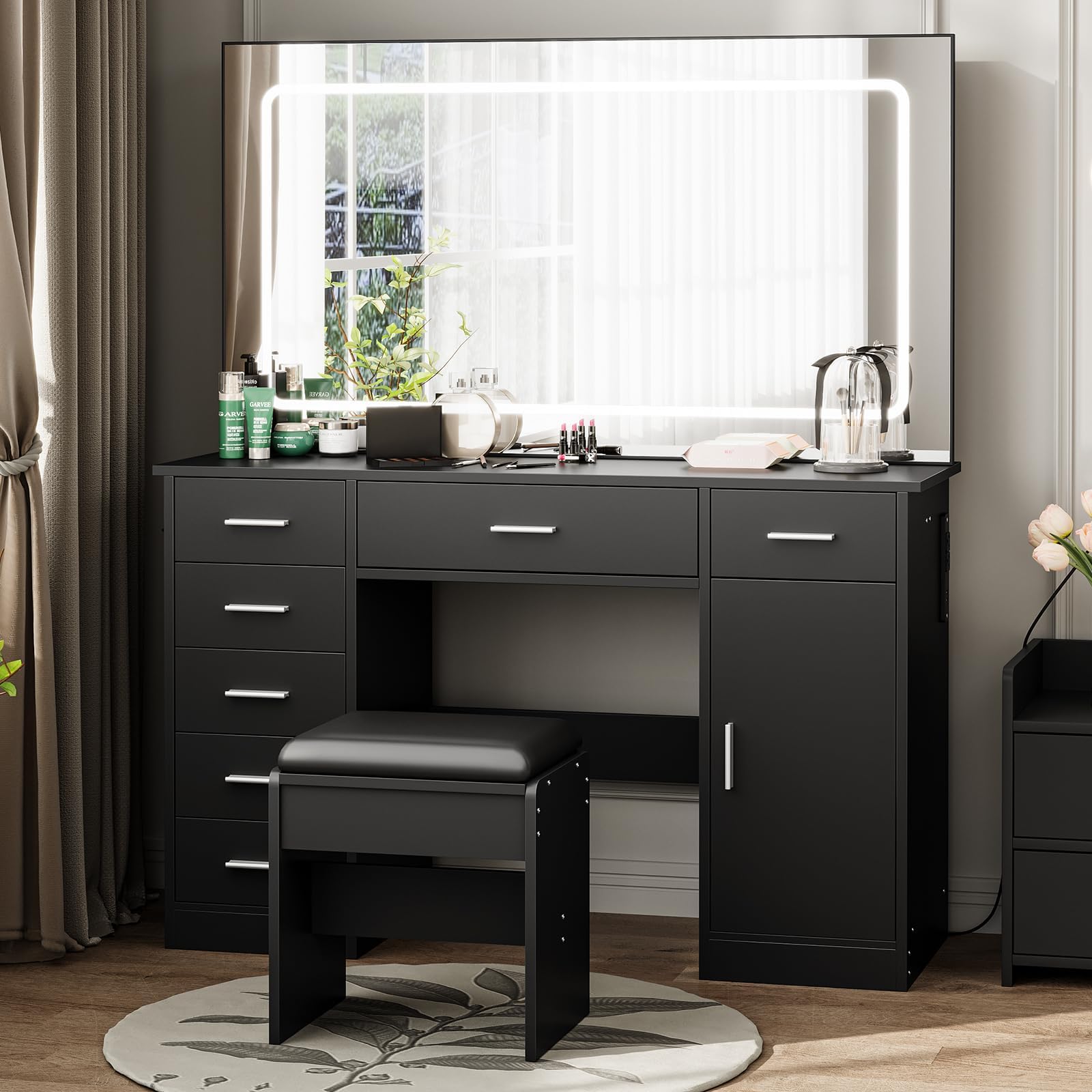 Photo 1 of IDEALHOUSE Modern Vanity Desk with Large LED Mirror – 7 Drawers, Charging Station, Hair Dryer Holder, Adjustable Lighting – Makeup Dressing Table for Bedroom – Black