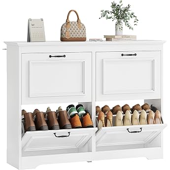Brinlawb Shoe Cabinet White Shoe Cabinet with 4 Flaps Shoe Rack with Dividers Adjustable and Removable for 18-24 Pairs of Shoes Wooden Shoe Cabinet for Entrance Hallway Living Room White