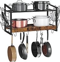 Choezon 2-Tier Wall Mounted Hanging Pot Rack with 12 Hooks - Rustic Brown Kitchen Organizer for Pots, Pans, Lids & Utensils TPR02BF
