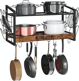 CHOEZON 2-Tier Wall Mounted Pot Rack with 12 Hooks - Rustic Brown Kitchen Organizer for Pots, Pans, Lids & Utensils