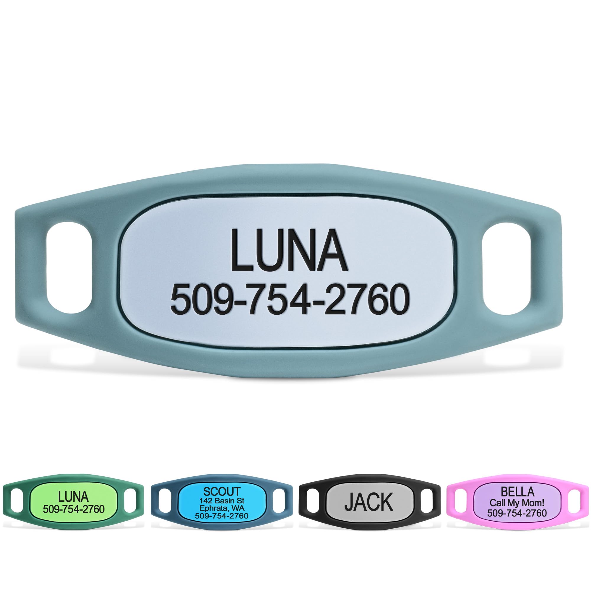 GoTags Silent Dog Tag, Personalized Engraved Silicone and Cat Name Pet ID Tags, Soundless Quiet Slide On Nameplate for Collars, No More Jingling Tags