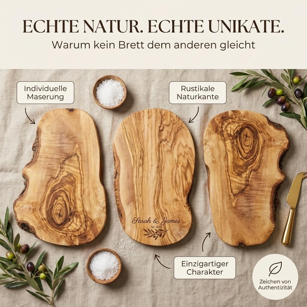 Tagliere personalizzato, legno d'ulivo - Tagliere rustico in legno d'ulivo con incisione come regalo individuale (50-55 cm)