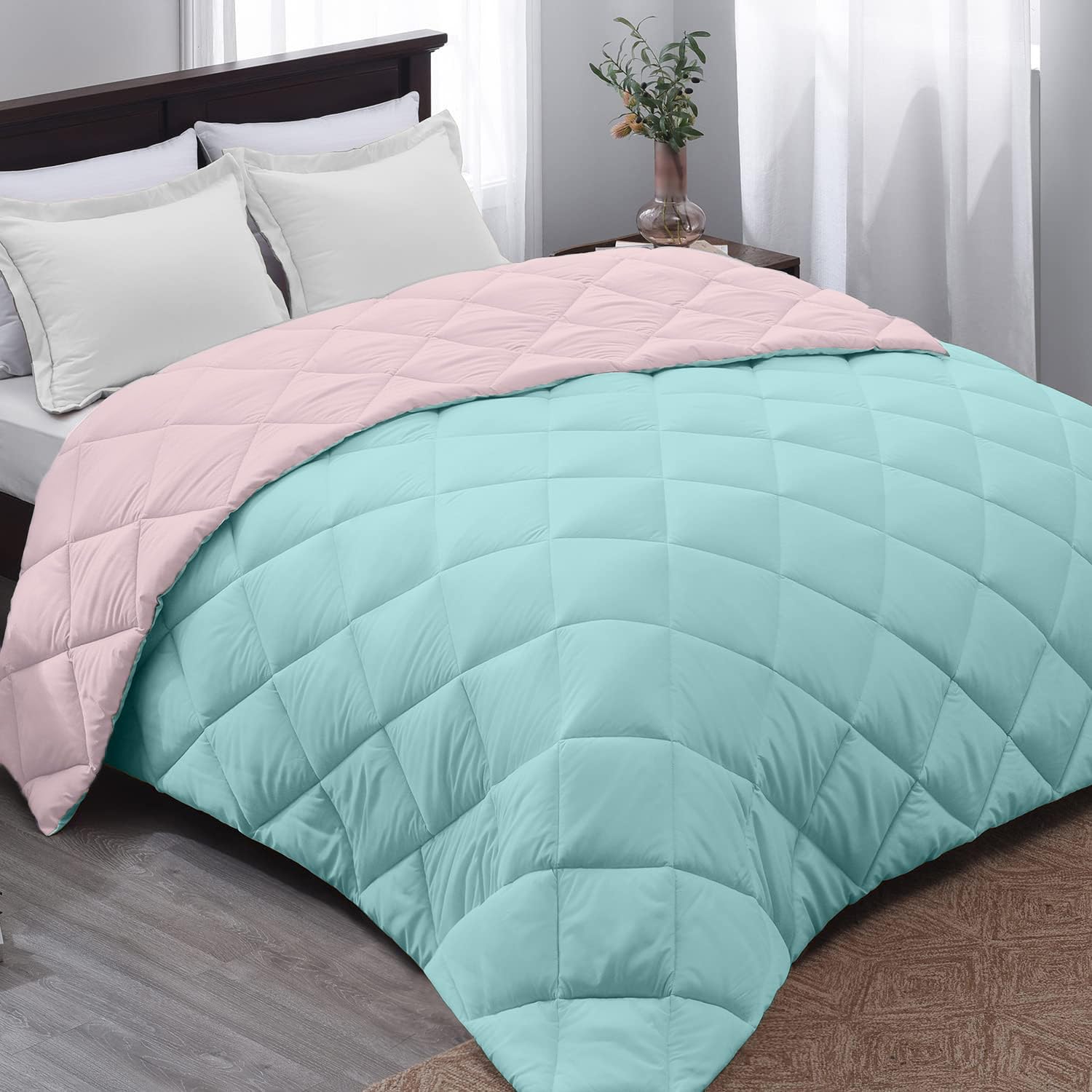 AYKA Reversible Comforter 220 GSM Microfiber Reversible AC Comforter/Blanket for Winter/Quilt/Duvets for King Size Double Bed Comforter (90 * 100, Aqua & Peach)| TC - 220