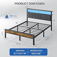 Vista 2 de Base de cama tamaño Queen con cabecera de estantes de almacenamiento de 2 niveles, cama de plataforma con estación de carga, luces LED, no necesita
