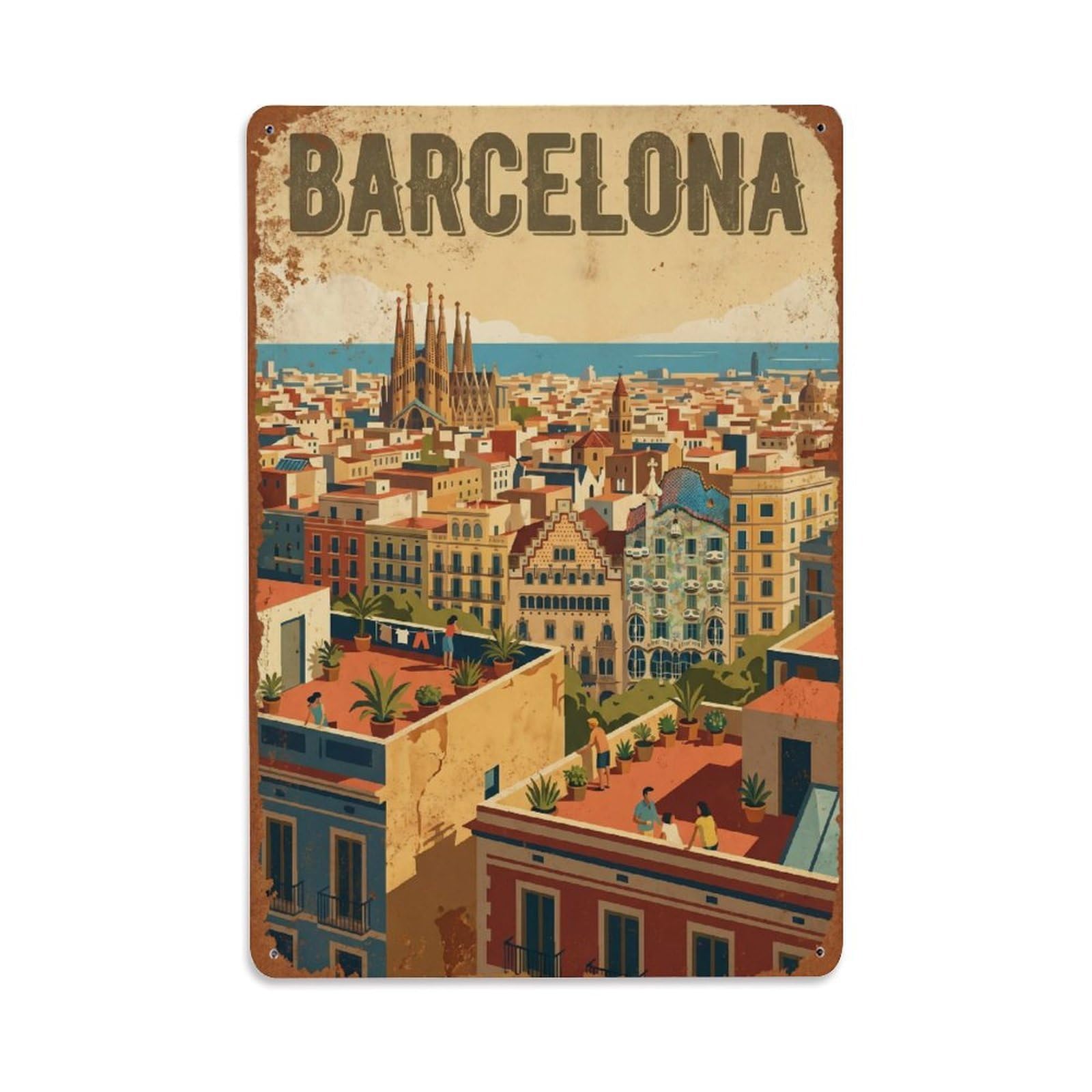 Vintage Travel Terraces Spain Rooftop Metal Tin Sign