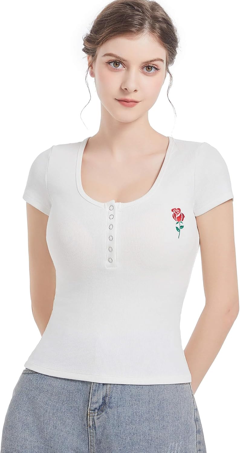 Everbellus Women Scoop Neck Short Sleeve Henley Shirts Ribbed Tops Casual Tee Shirt Medium White