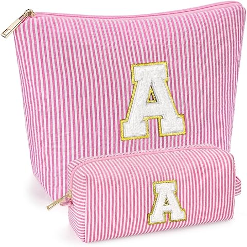 2 PCS Initial Makeup Bags for Women: Cosmetic Bag for Travel Toiletry - Birthday Gifts for 11 12 13 14 15 16 17 18 Years Old Girl Graduation Teacher Gift- Teen Girl Gifts Trendy Stuff - Pink A