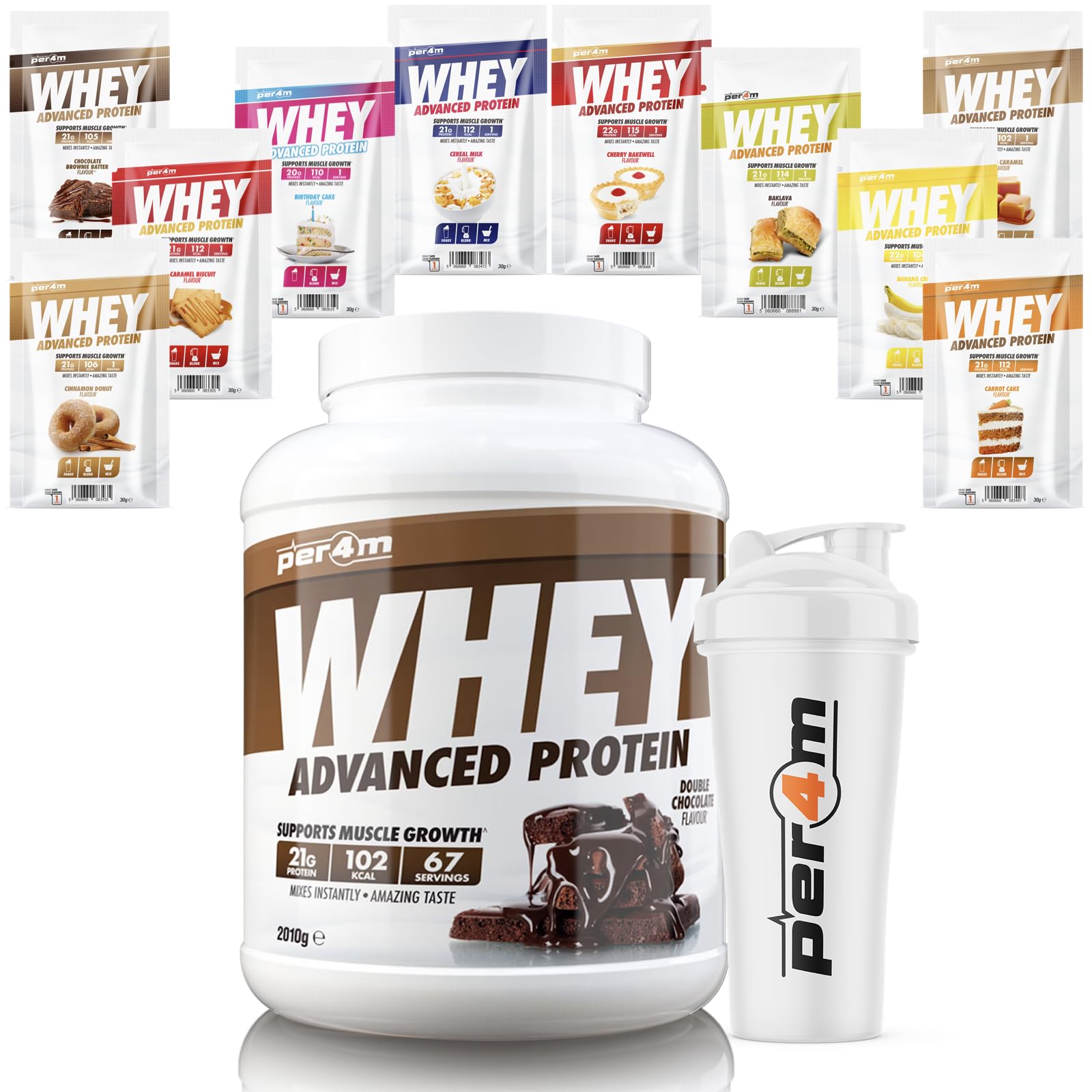 per4mAdvanced Whey Protein Powder | 67 Serving Low Sugar Protein Shake with Amino Acids | Perfect for Your Gym Bag and Travel | Shaker & 10 Mixed Selection Sachets (2010g, Double Chocolate)