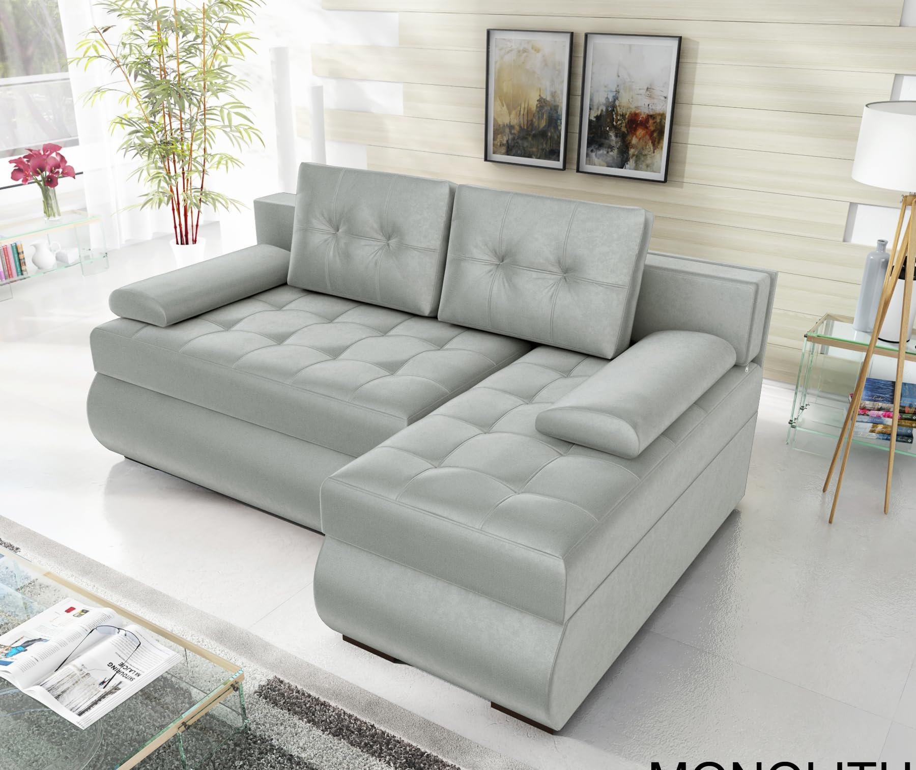 BROMARKT Ecksofa mit Schlaffunktion Sofa mit Bettkasten Hellgrau Rechts